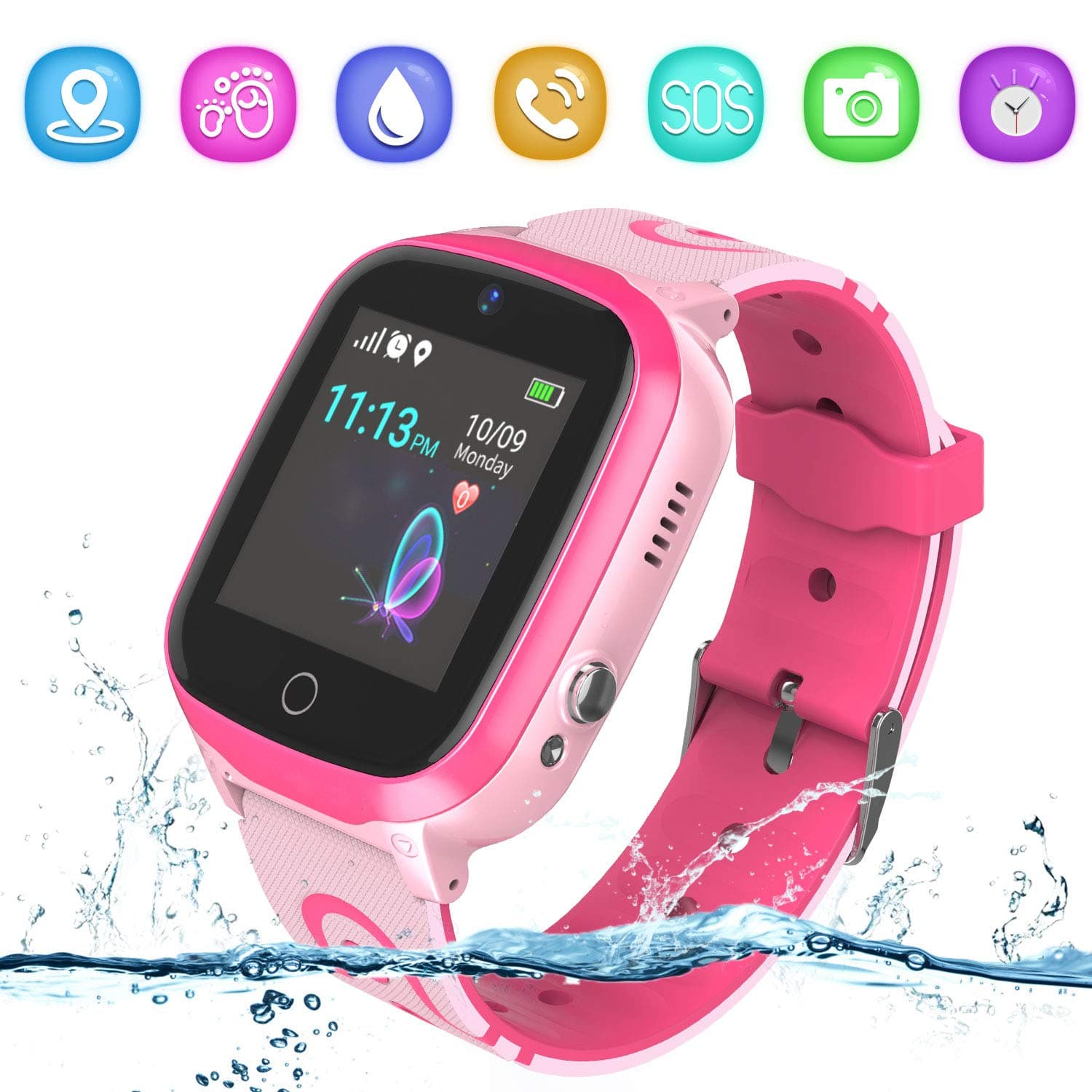 GPS Kids Smart Watch Phone – Tracker Smartwatch with Pedometer SOS Calling Voice Chat Alarm Clock Camera Game Touch Screen Gifts for Boys Girls(Pink)