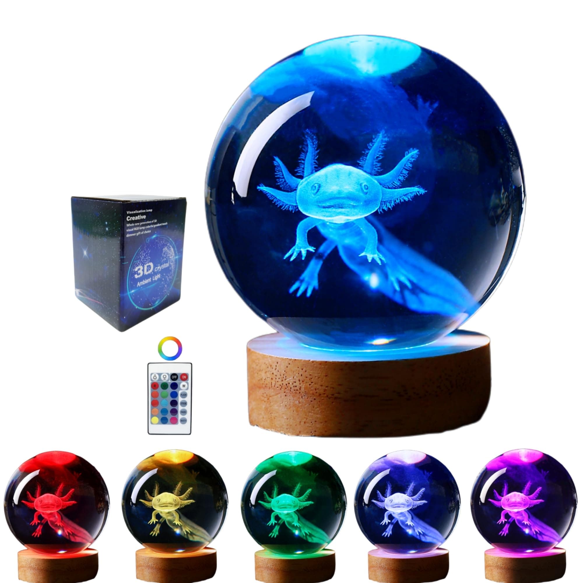 Axolotl Lamp,3D K9 Crystal Ball Night Light With Wooden Base,3.15 Inch Glass Lamp, Lifelike Desk Lamp Usb, 16 Colors Change,Remote Control,Color Box,Birthday Christmas Gift