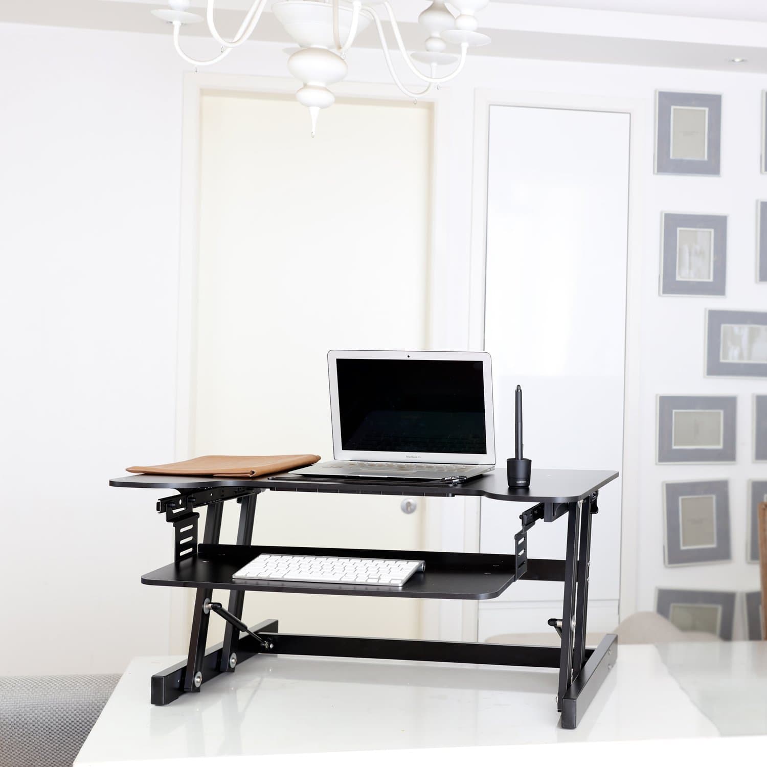 Sodergren - Height Adjustable Sit/Stand Desk Laptop/Monitor Riser, 55lb Capacity - 32" wide With Retractable Keyboard Tray - Black