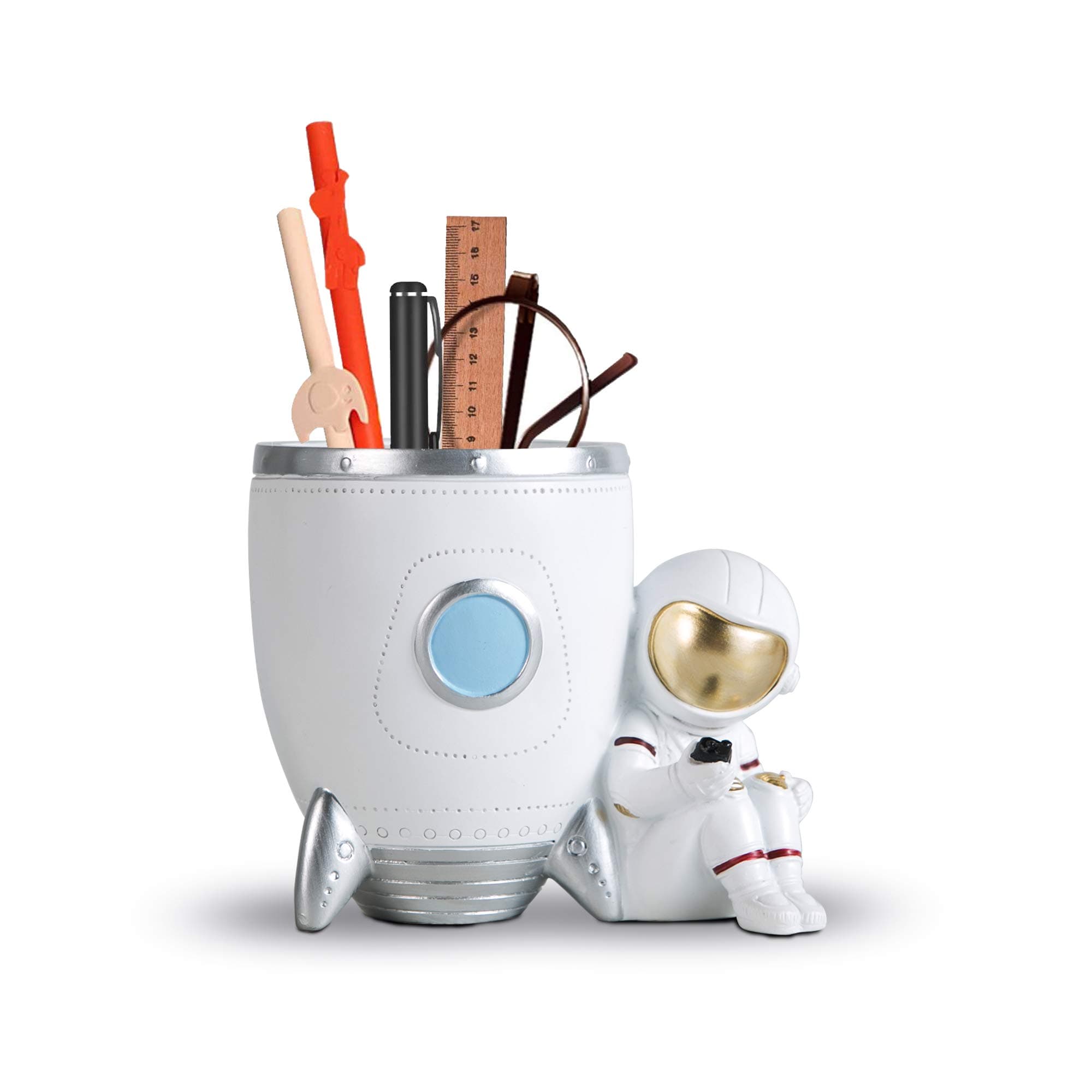 Kimdio Pencil Cup Holder Astronaut Pen Holder for Desk Decorative Accessories for Home and Office Supplies Organizer, Cute Resin Gift for Men and Women (White)