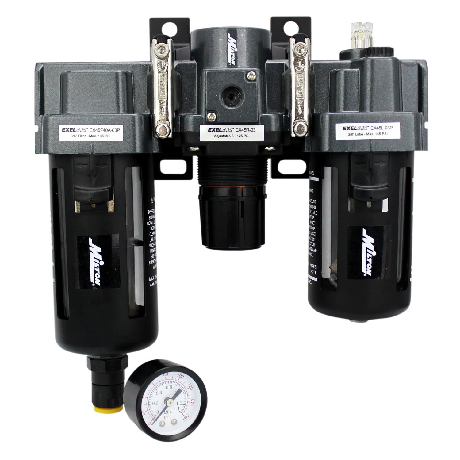 ExelAir EX45FRL40A-03P 3/8" NPT Polycarbonate FRL Air Filter Regulator and Lubricator System