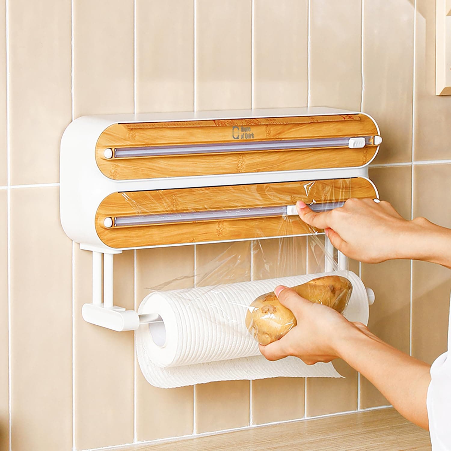 Magnetic Plastic Wrap Dispenser with Cutter, 3 in 1 Aluminum Foil and Plastic Wrap Organizer with Paper Towel Holder, Compatible with Cling Film, Tin Foil and Roti Paper Cutter (Brown)