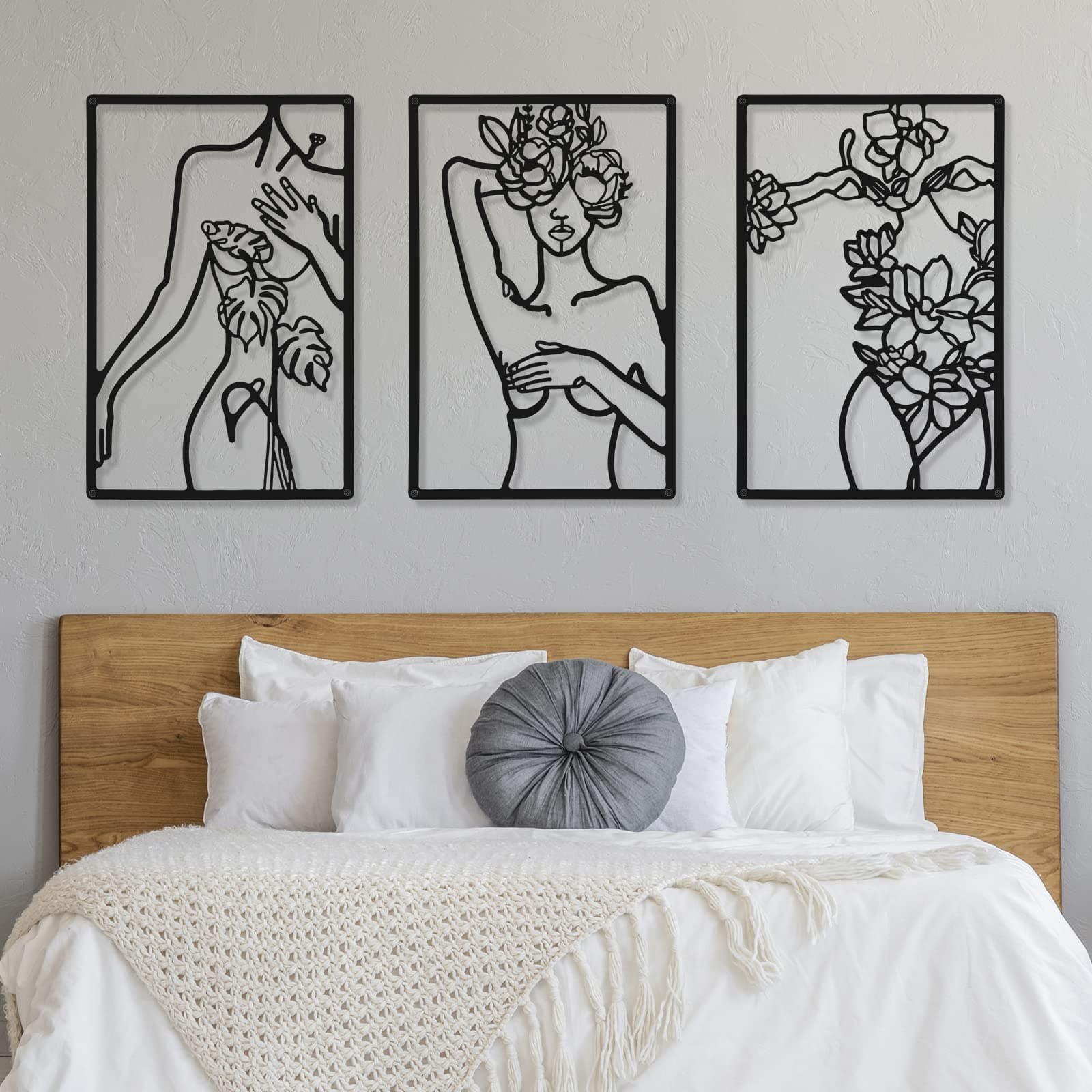 3 Pieces Metal Minimalist Abstract Woman Wall Art Line Drawing Wall Art Decor Single Line Female Home Hanging Wall Art Decor for Kitchen Bathroom Living Room (Black, Body with Flower)
