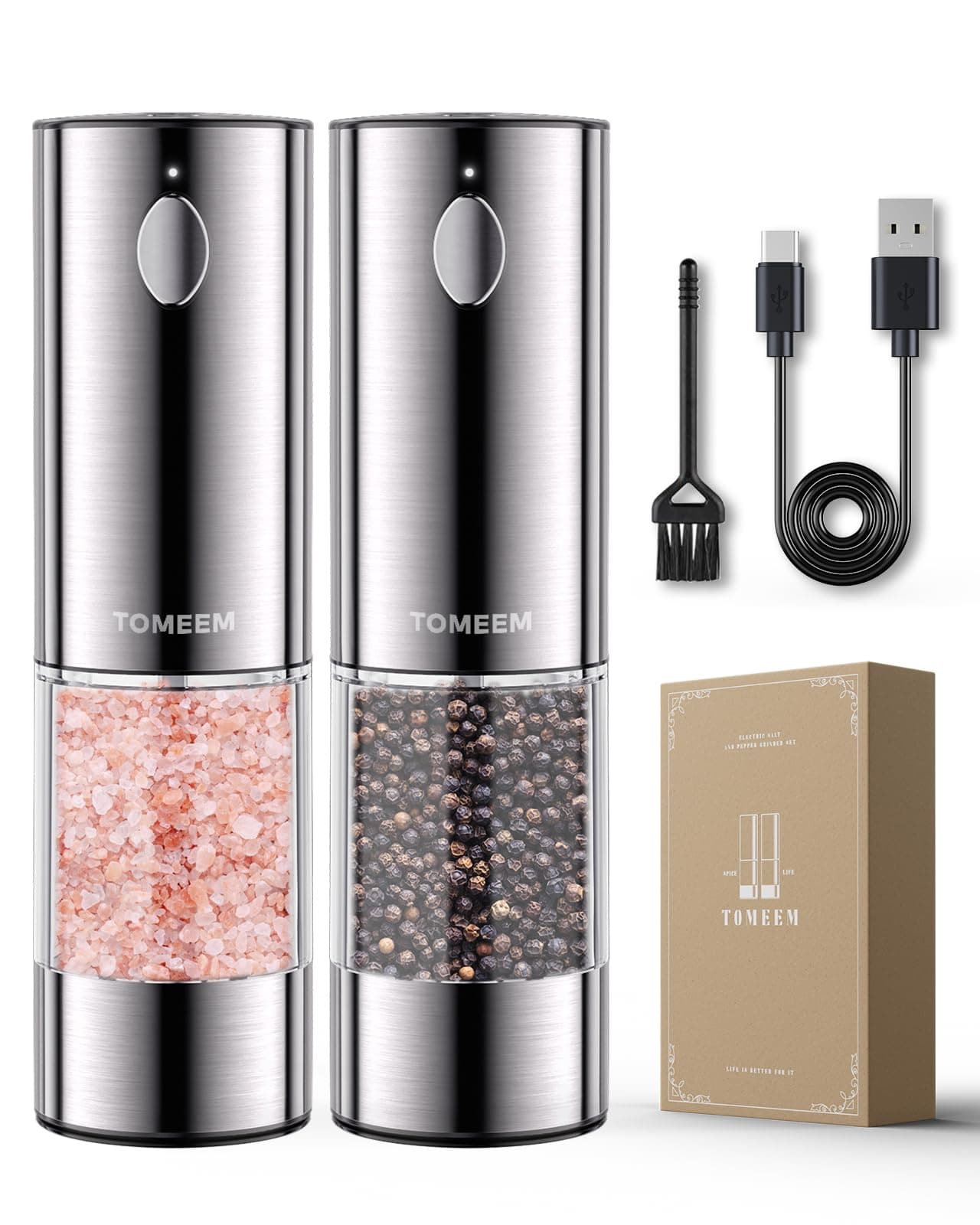 - Upgraded Larger Capacity Electric Salt and Pepper Grinder Set Rechargeable with LED lights, Stainless Steel Automatic Pepper and Salt Grinder Refillable with 5 Adjustable Coarseness