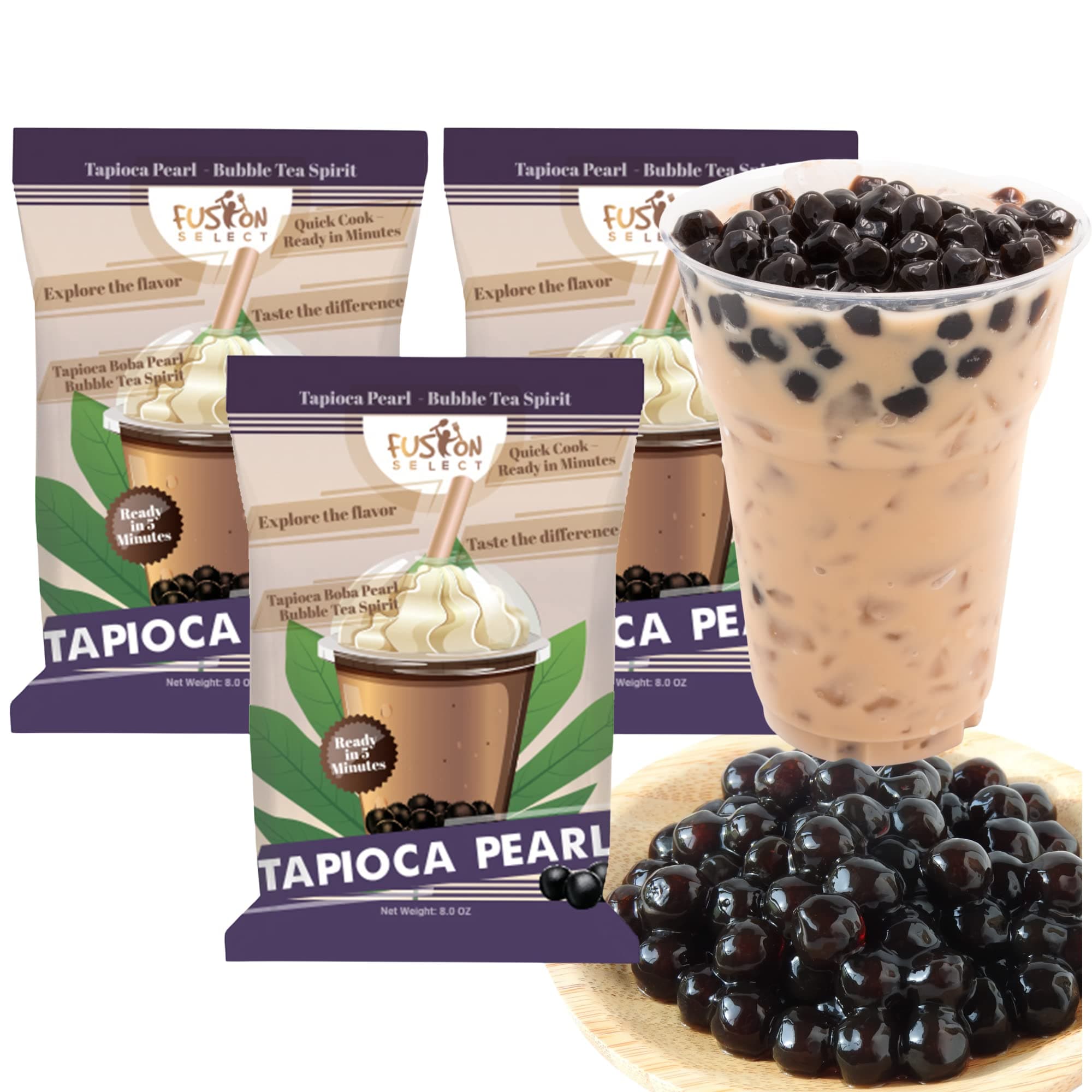 Fusion Select Tapioca Bead - Brown Sugar Flavour Quick Cook Tapioca, DIY Boba for Boba Tea Ready in 5 Minutes, Boba Beads, Bubble Tea Pearls, Milk Tea Toppings (3 Packs)