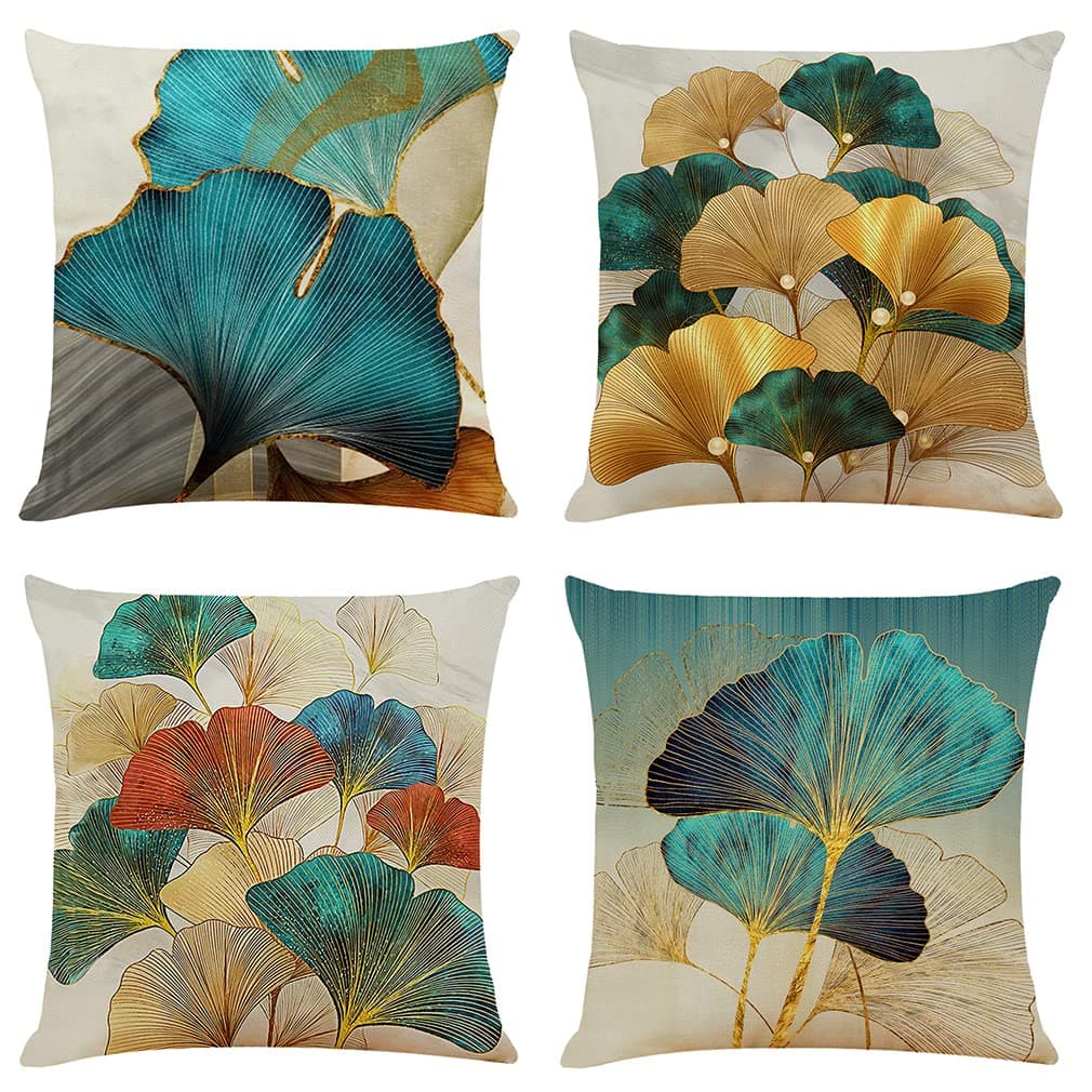 NIULAA Set of 4 Cushion Covers 45cm x 45cm Modern Gold and Teal Leaves Decorative Throw Pillow Cases Ginkgo Home Decor Square Cushion Covers 18x18 Inches