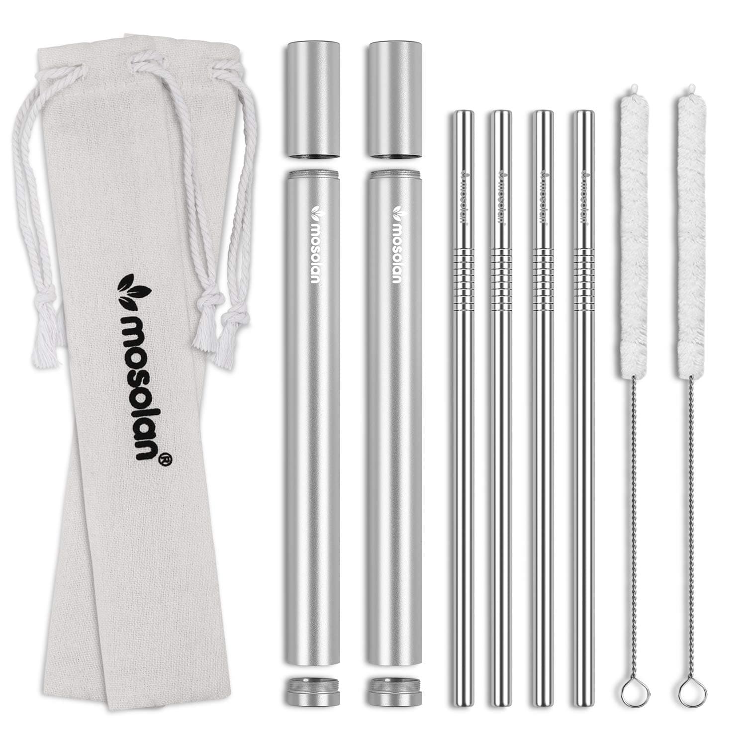 MOSOLAN Stainless Steel Reusable Straws with Case | Set of 4 Metal Straws + 2 Handcrafted Wooden Cases + 2 Cotton Cleaning Brushes + 1 Pouch | Eco Friendly 8.5" Long Portable Travel Drinking Straw
