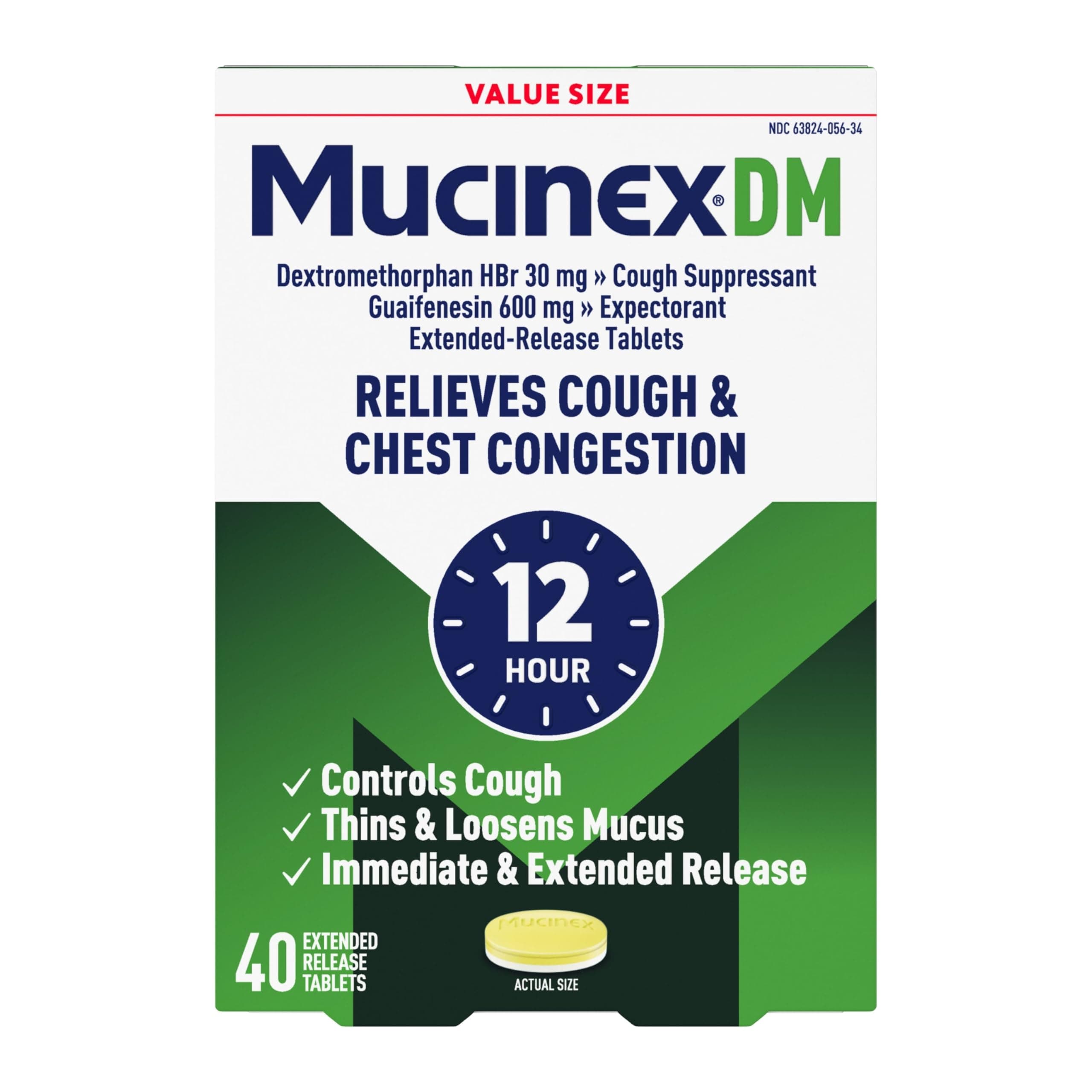 DM 12Hr Chest Congestion & Cough Medicine For Adults, Cold And Cough Medicine for Excess Mucus Relief, 600 mg Guaifenesin & 30 mg Dextromethorphan HBr, 40 Bi-Layer Tablets