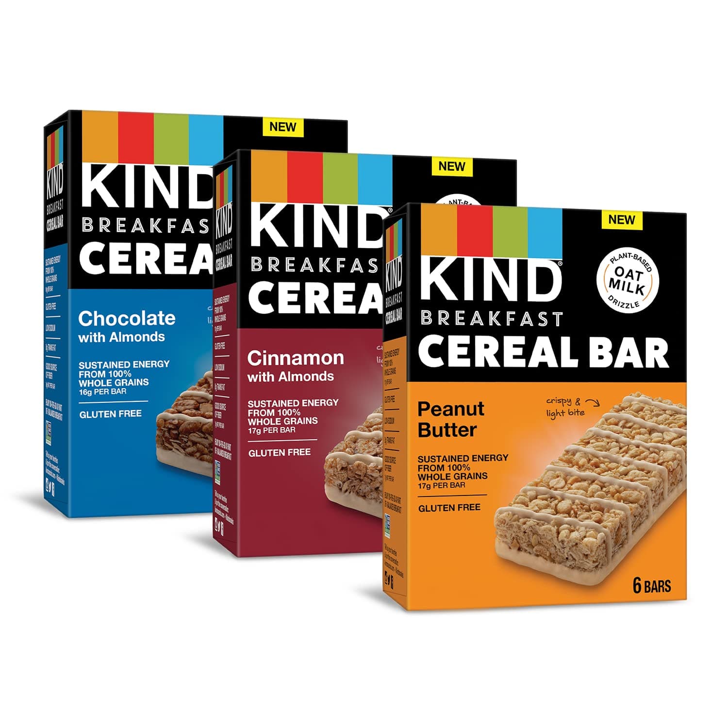 KINDBreakfast Cereal Bars, Variety Pack, Chocolate with Almonds, Peanut Butter, Cinnamon with Almonds, Healthy Snacks, Gluten Free, 100% Whole Grains, 3g Protein, 18 Count