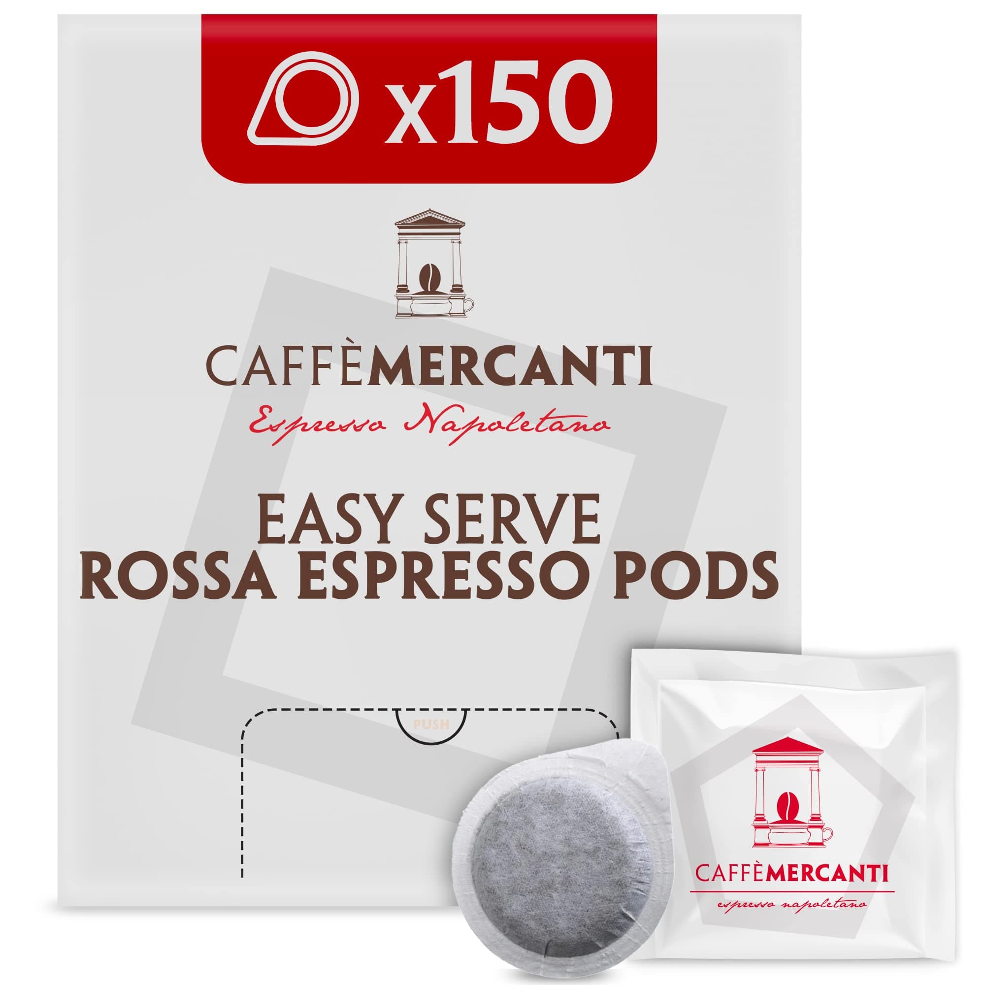 Piazza Mercanti Caffe ESE (Easy Serve Espresso) Rossa Italian Coffee Pods in Filter Paper - 44mm, 150 Pods - Italiano Caffe Filter Paper - Non-GMO