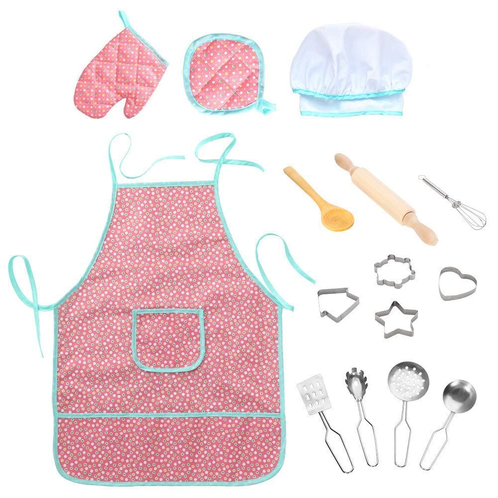 Geefia Apron Set for Kids, 15pcs Cooking and Baking Chef Set Apron Hat Easy Bake Oven, Children Dress up Pretend Play, Chef Career Role Play, Christmas Gift