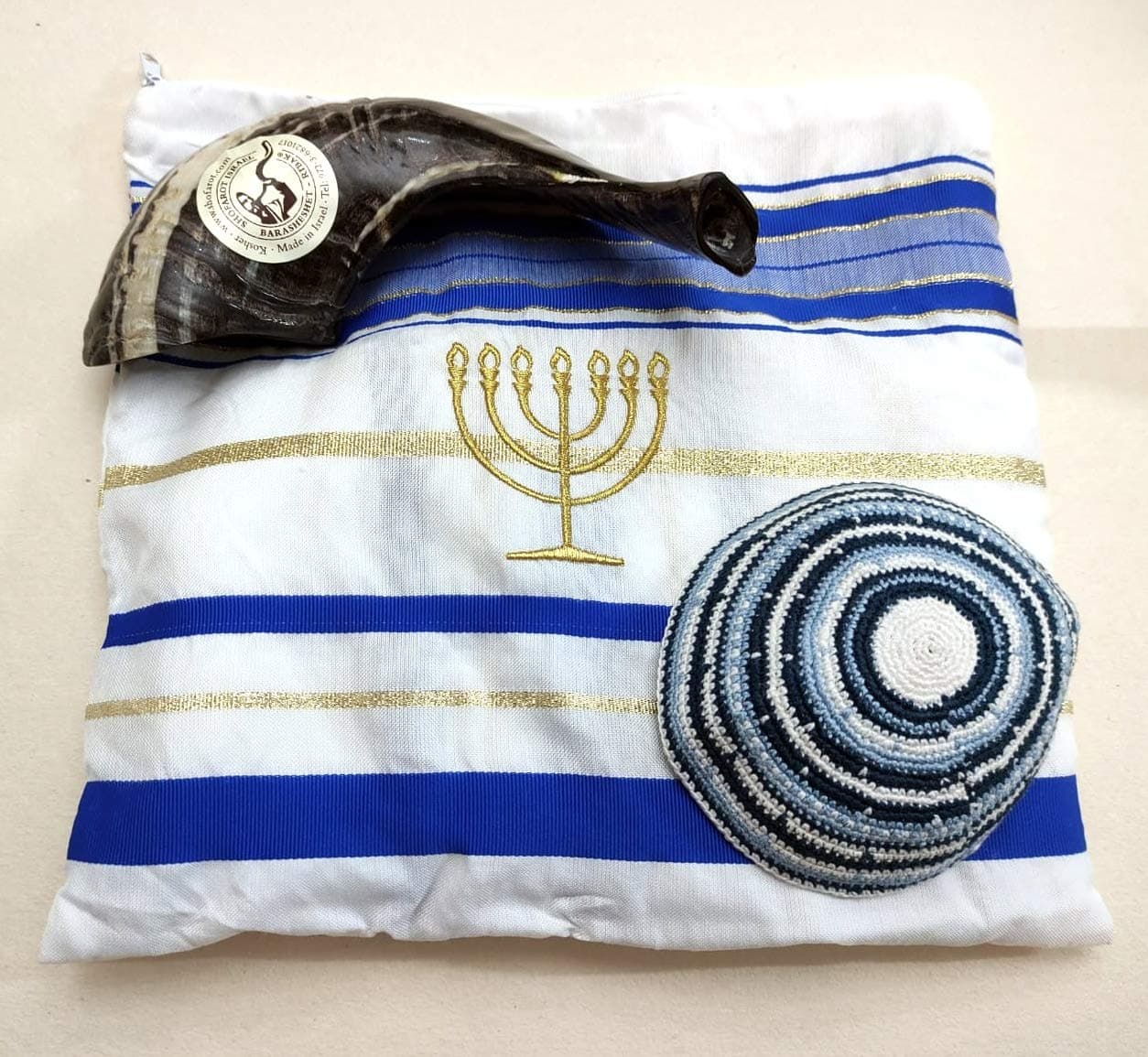 The Best Religious gift pack Shofar + Blue Tallit/Messianic cloak + yarmulke (kipa) from the Holy Land