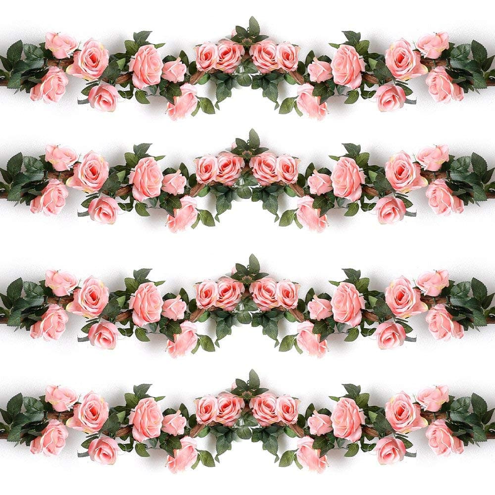 Artificial Rose Vines Fake Silk Flowers Rose Garlands Hanging Rose Ivy Plants for Wedding Home Office Arch Arrangement Decoration (2PCS, Pink)