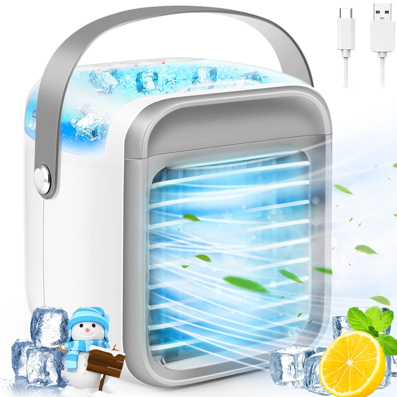 Portable Air Conditioner, Coolers for Home, Mini Personal 3-in-1 Fan Cooler, 3 Wind Speeds & 7 LED Lights Cooler with Handle Home Office Dorm s, White-grey, (F26-1207)