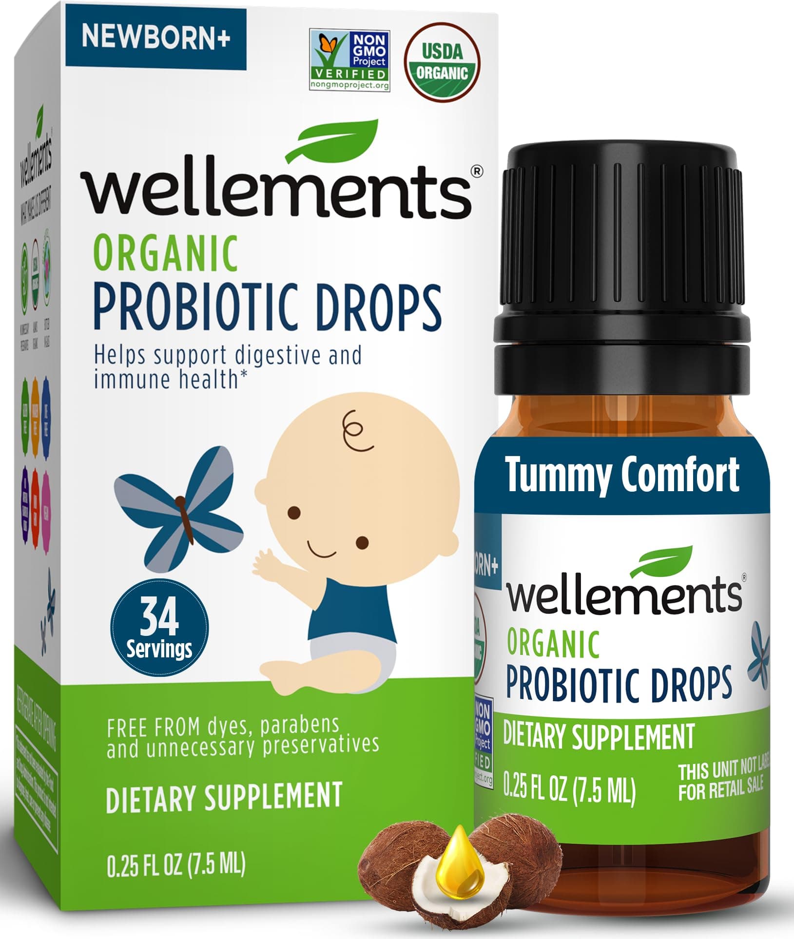 Wellements Organic Probiotic Drops, Baby Digestive and Immune Support for Infants and Toddlers, Free from Dyes, Parabens, Preservatives, 0.25 Fl Oz 141188 (Pack of 1)