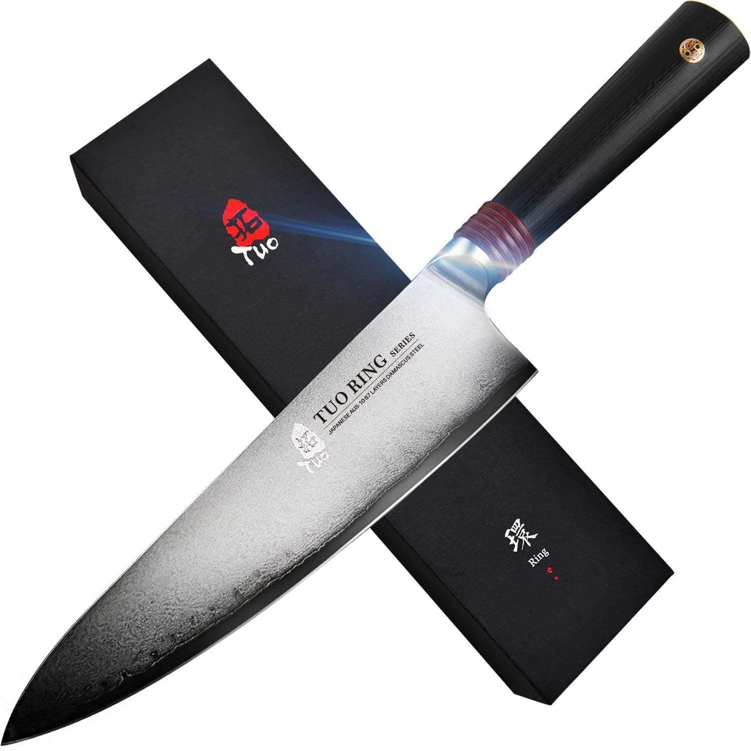 TUO Damascus Chef's Knife - Kitchen Chef Knives - Japanese AUS-10 Damascus Steel - Dishwasher Safe G10 Handle - Gift Case Included - RING-RC Series TC0301RC - 8"
