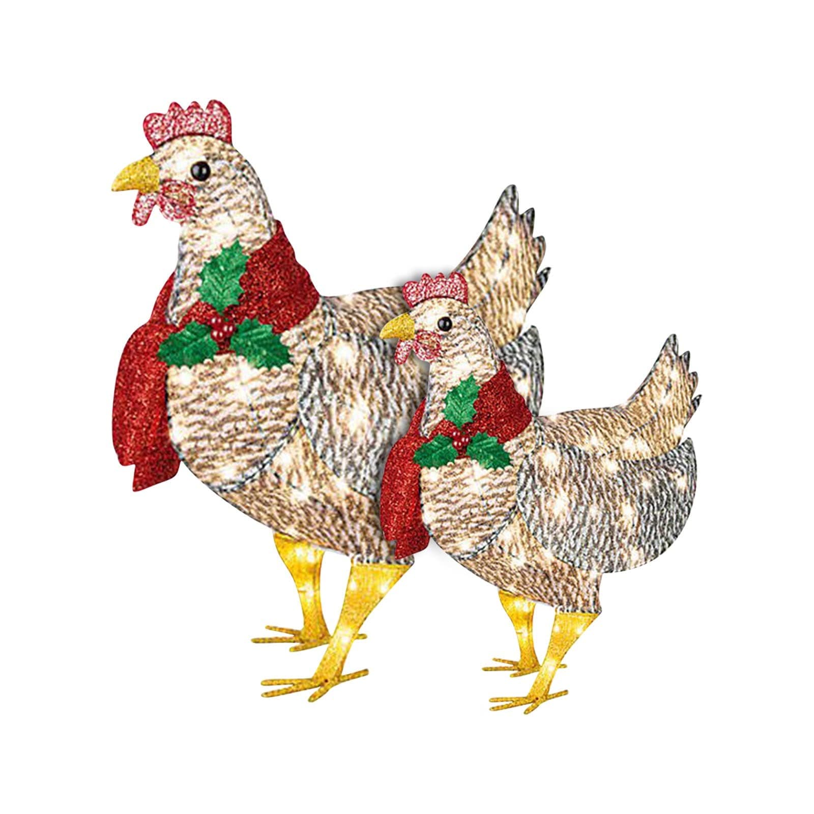 Waiwei Christmas Decorations Light-Up Chicken with Scarf Holiday Decor- LED Flat 3D Outdoor Christmas Lights Statue- Garden Yard Ornaments- Xmas Gifts- Meanings Lucky Health Hope Wealth (C+D SET)