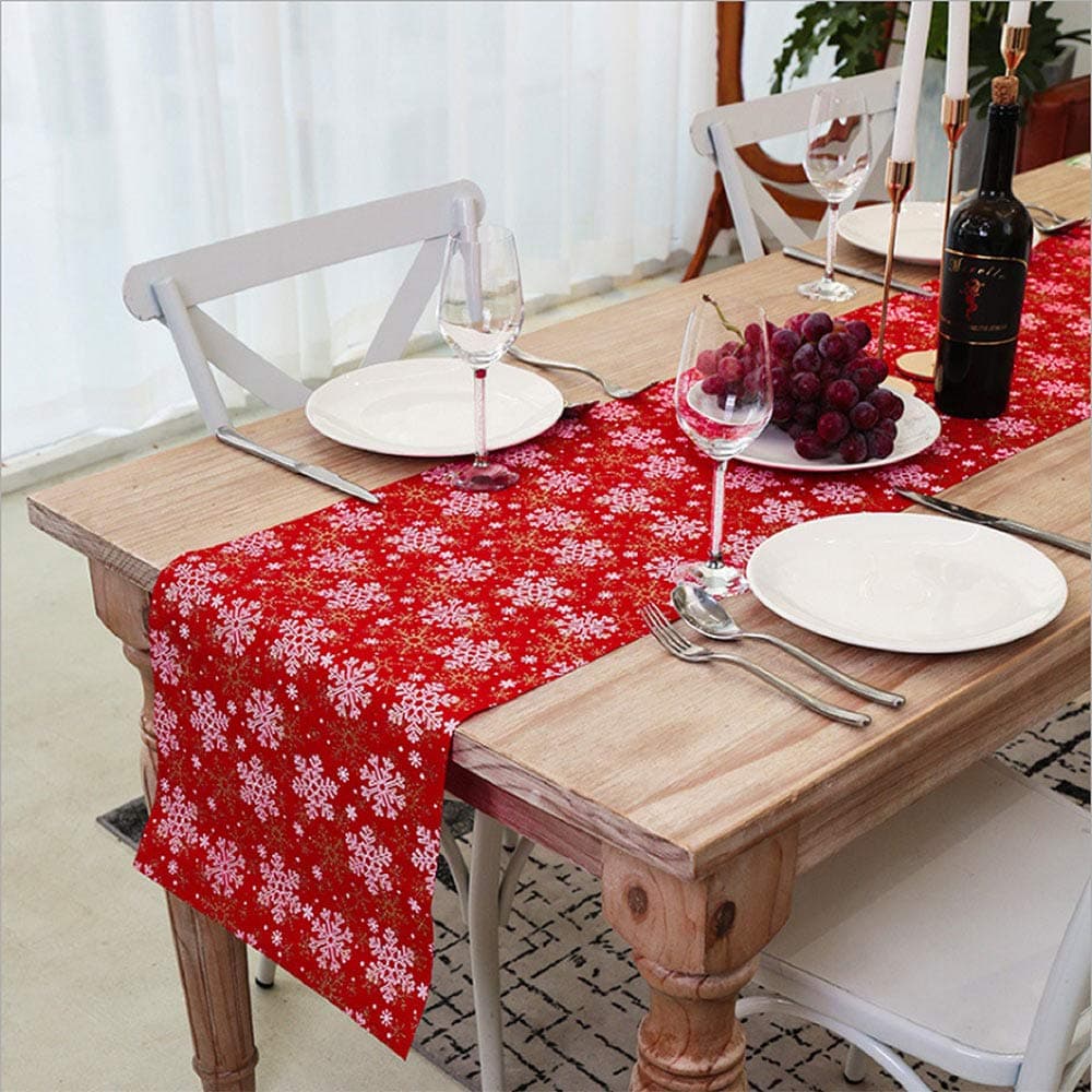 VNFOX White Snowflake Holiday Christmas Linen Type Cloth Table Runner -for Party,Dinner,Christmas Table Decorations 14 x 72 INCH