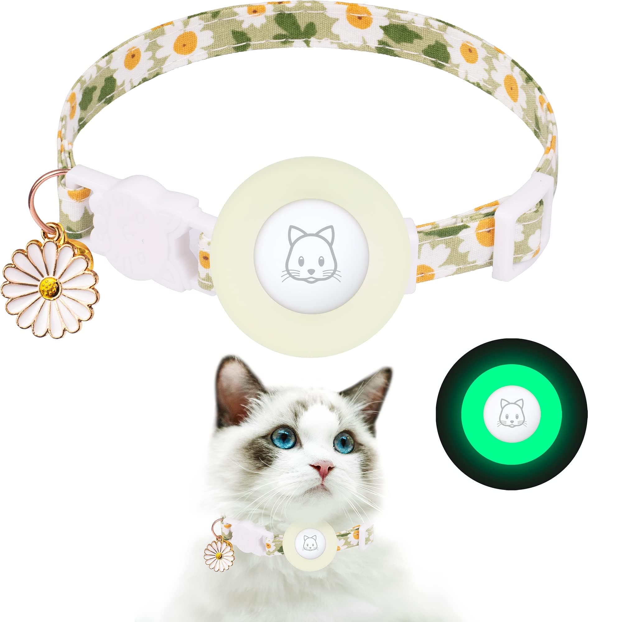 Airtag Cat Collar, Breakaway Kitten Collar with Silicone Airtag Holder, Bells, and Flower Charm for Girl Cats, Boy Cats, and Small Dogs (Luminous Green)