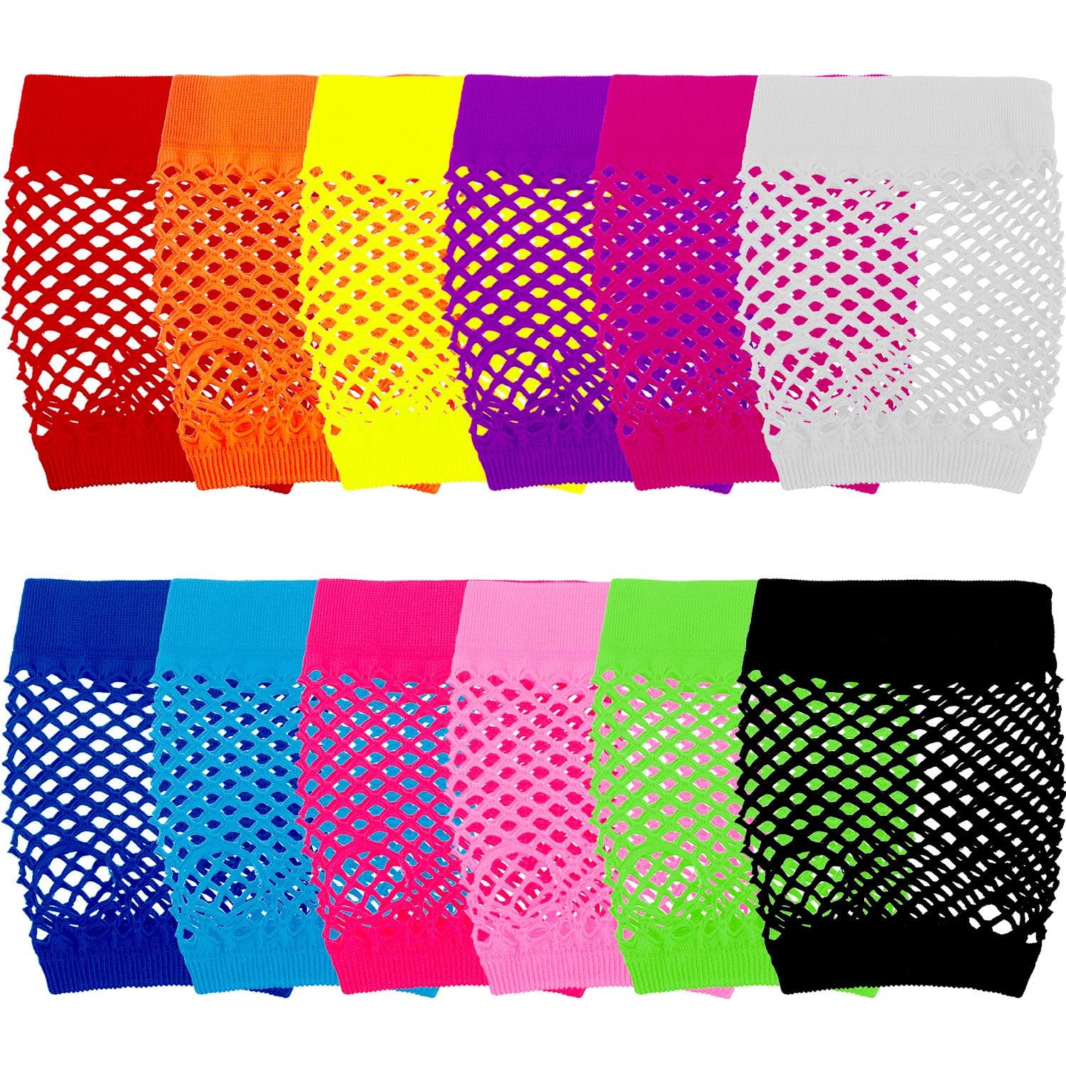 12 Pairs Fingerless Fishnet Neon Gloves for Women - 80s 90s Short Net Mesh Accessories - Assorted Colors for Halloween Party Costume Cosplay