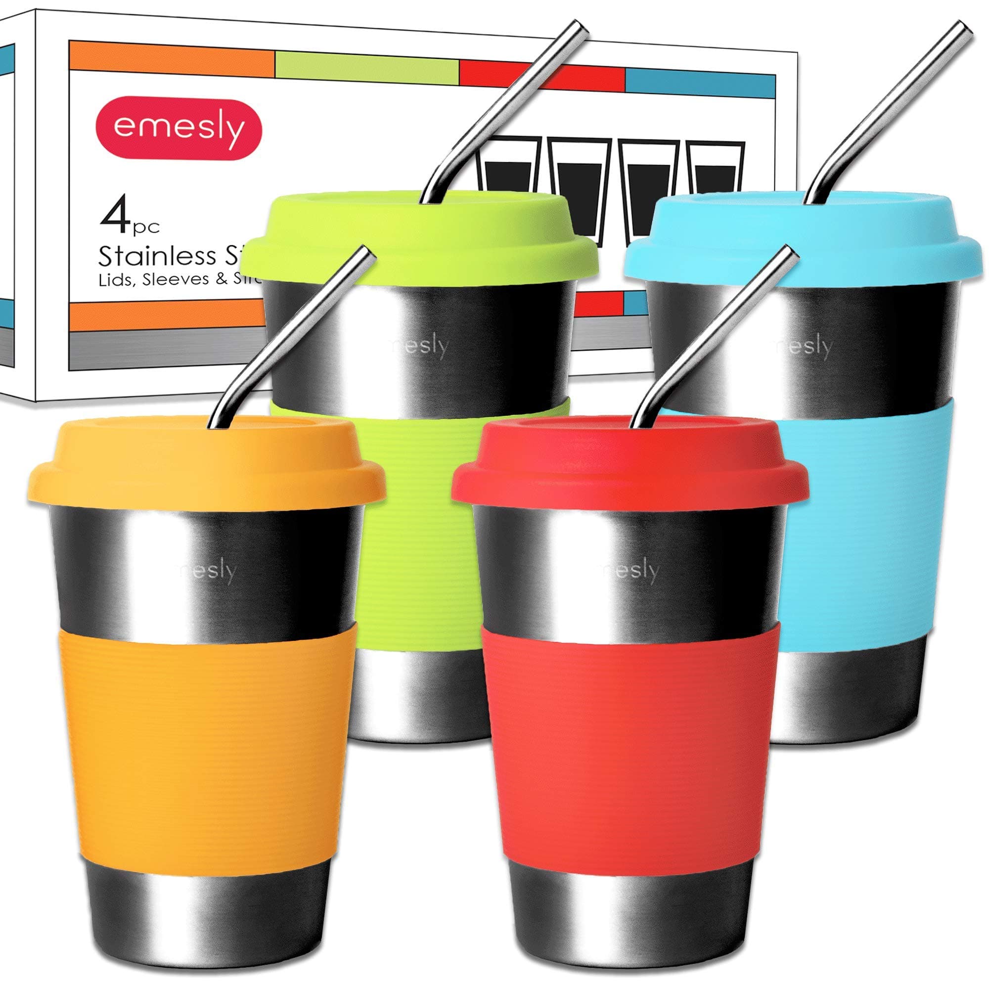 EMESLY Stainless Steel Cups with Lids, Sleeves and Straws (Set of 4); Kids Sippy Cups; Metal Drinking Tumblers; Unbreakable, Eco Friendly, BPA Free Glasses for Adults, Children & Toddlers; 16 Oz.