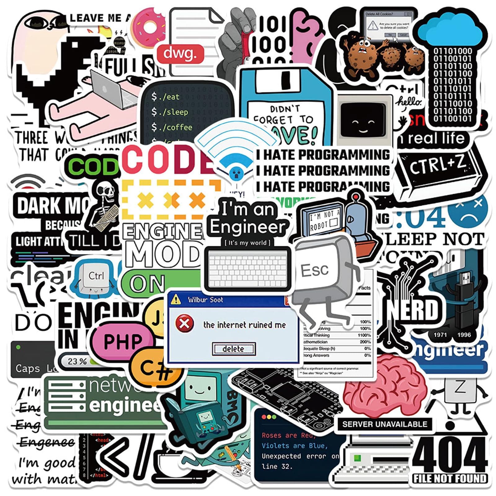 50PCS Programming Stickers Gifts for Developers Programmers Hackers Engineers, Program Stickers for Laptop Computer Water Bottles Luggage Vinyl Waterproof Decals