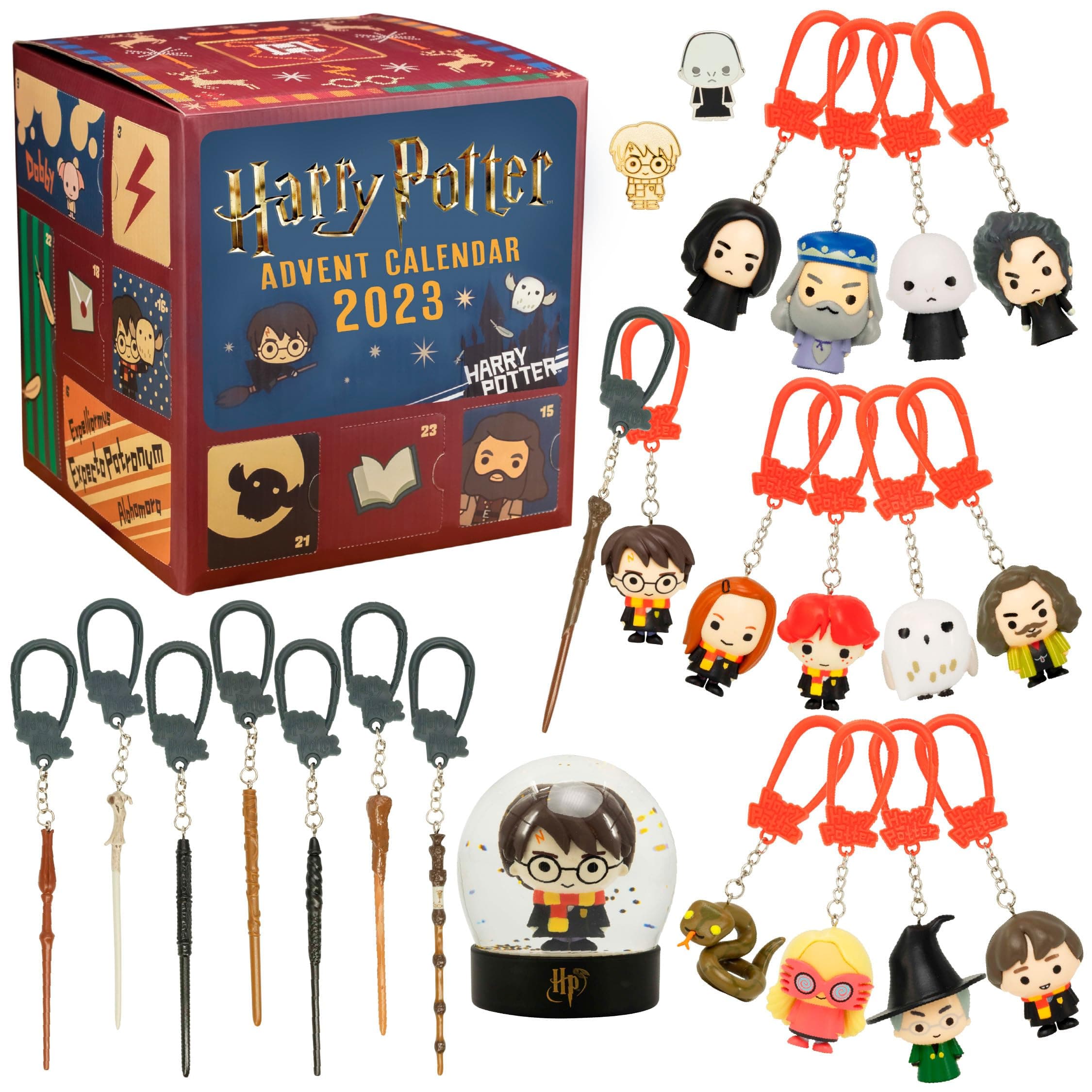 Paladone Harry Potter Advent Calendar 2022 Cube with 24 Gifts, 24 Day Christmas Countdown Includes Collectible Keychains for a Lanyard Airtag or Backpack, Movie Pins, and a Harry Potter Snow Globe