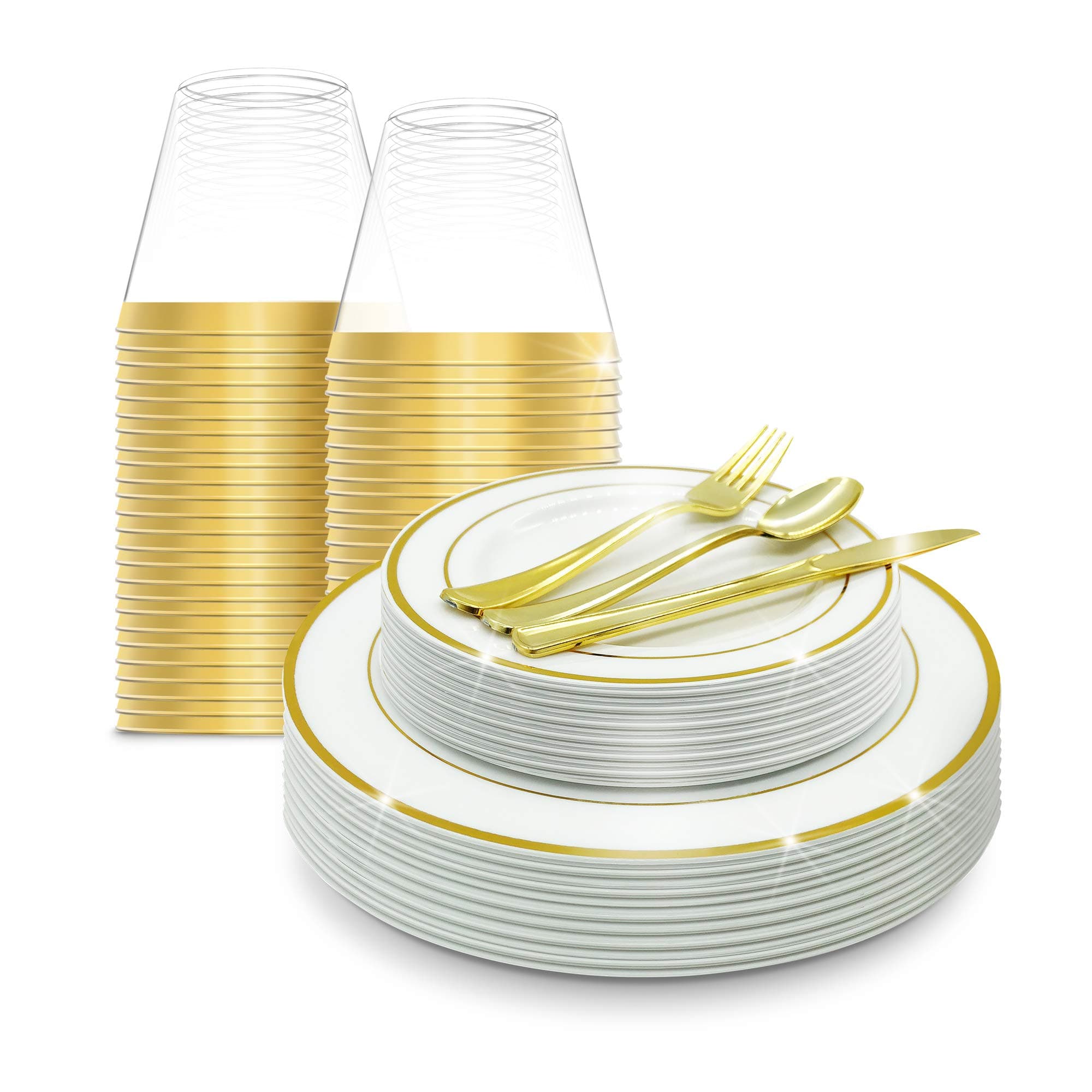 EcoEarth Gold Plastic Plates with Silverware & Disposable Cups Set (150 Piece Set), Plastic Dinnerware Set Includes 25 Dinner Plates, 25 Salad Plates, 25 Forks, 25 Knives, 25 Spoons, 25 Plastic Cups