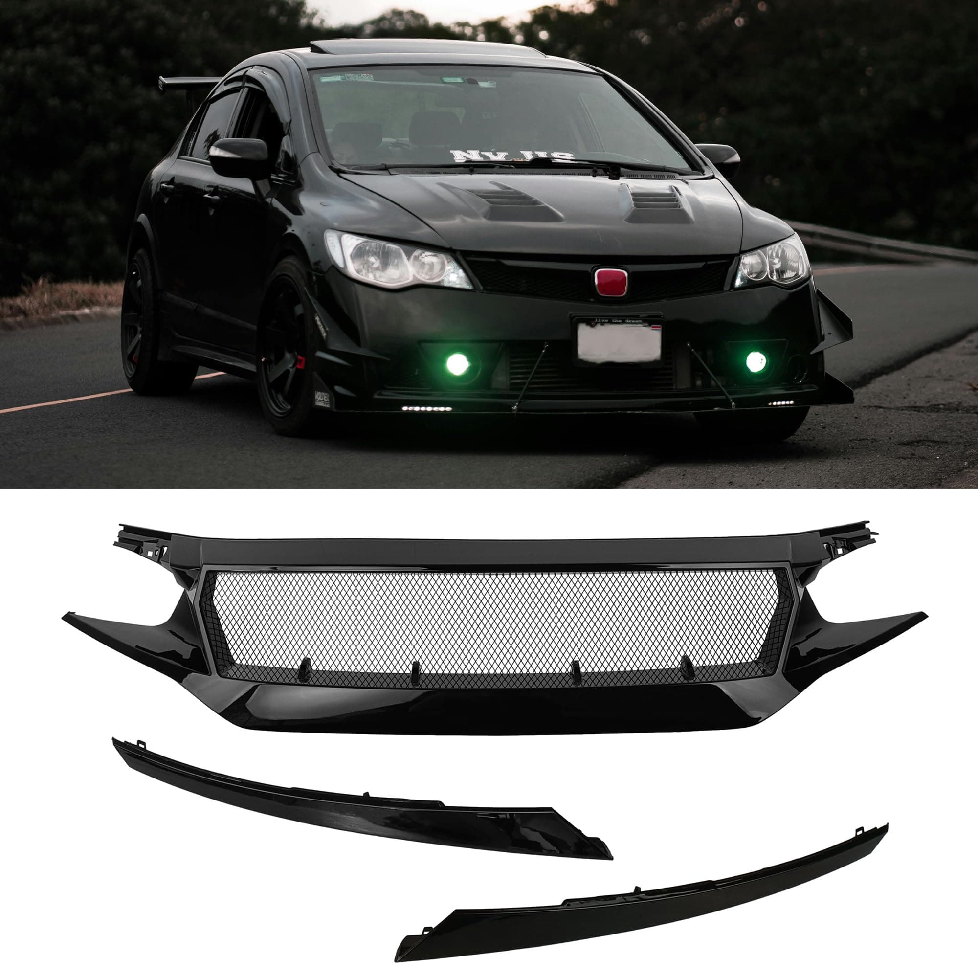 PartsFlow Front Bumper Grille Sports Grill Glossy Black Mesh For 2016 2017 2018 2019 2020 2021 Honda Civic