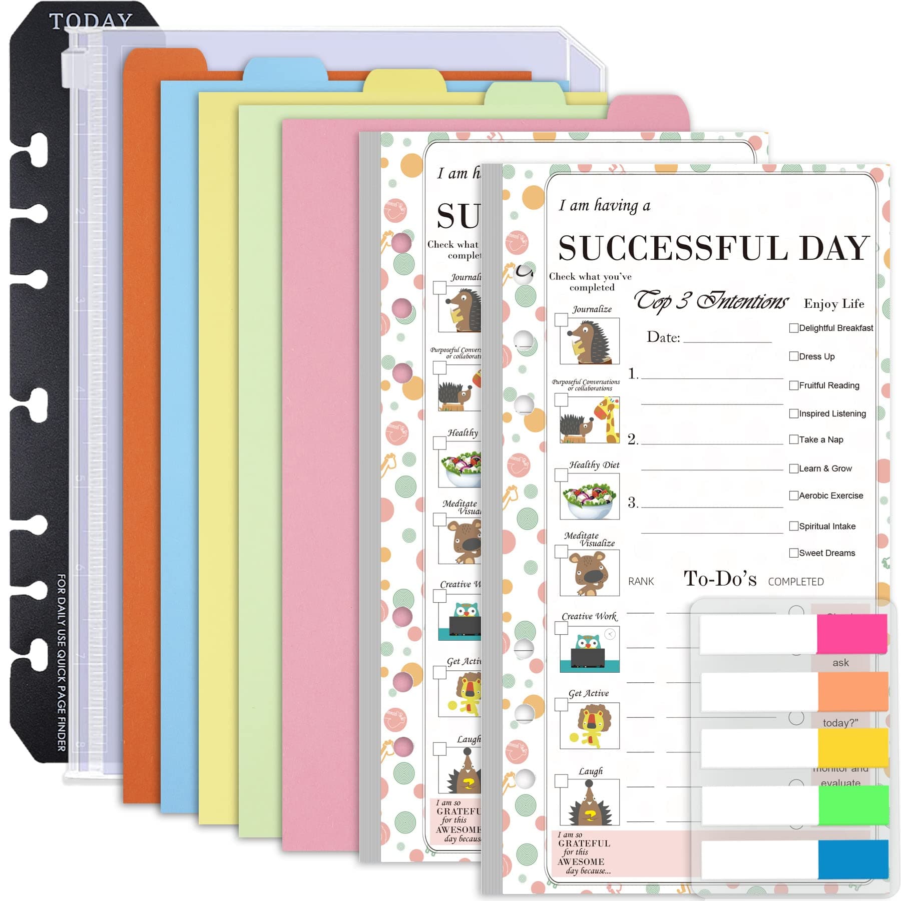 Rancco A6 Planner Inserts Daily Planner To Do List Refills, 90 Pc 6-Hole Successful Day Planner Refills w/Binder Divider, Pouch, Ruler, Index Tab for Filofax, Journal, Double-sided, Undated,6.78x3.7"