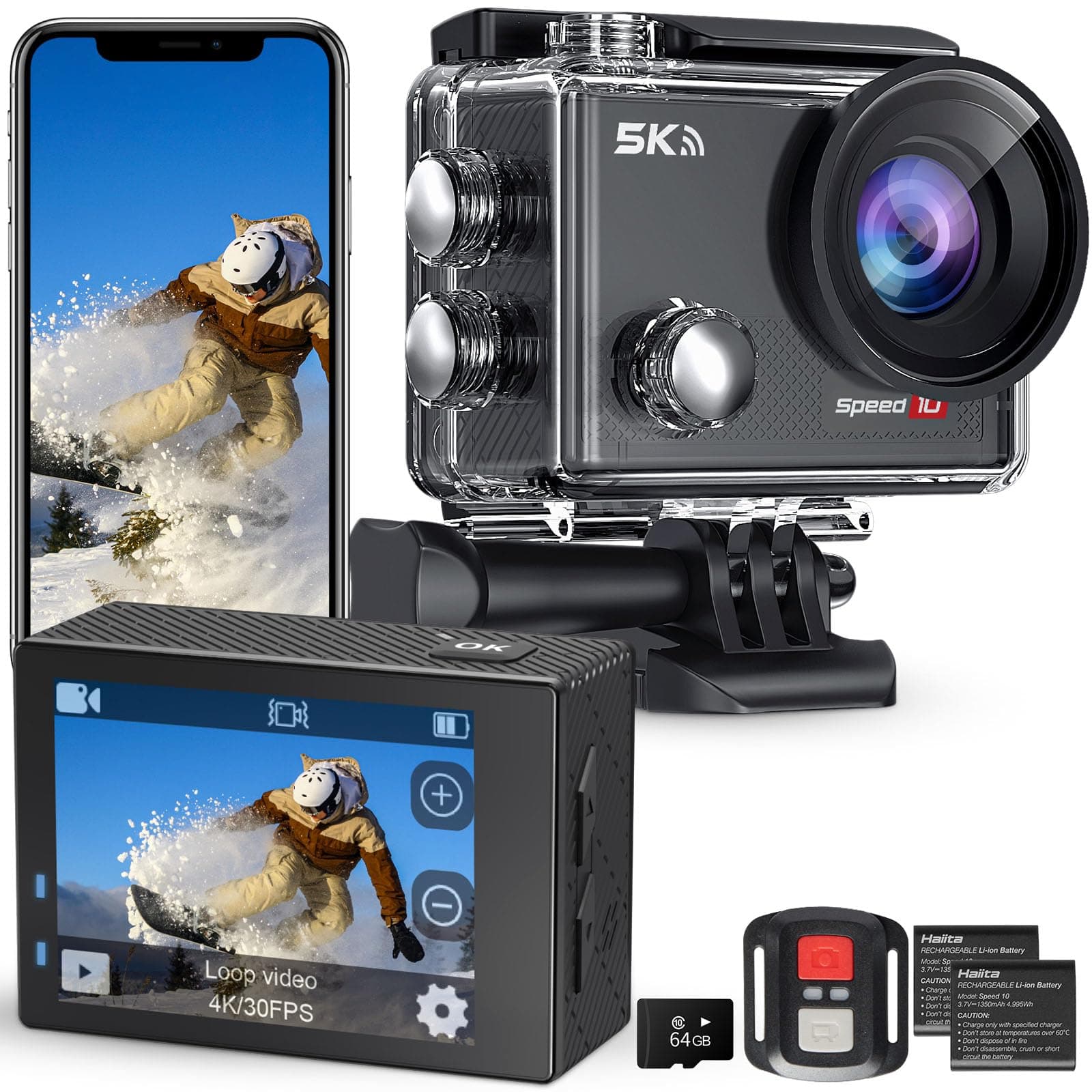 Action Camera 5K30FPS, Waterproof Camera Underwater 131FT with EIS, WiFi App, Remote Control, 64GB Card, 2x1350 mAh Batteries, 170° Wide Angle, Sports Helmet Bike Video Camera