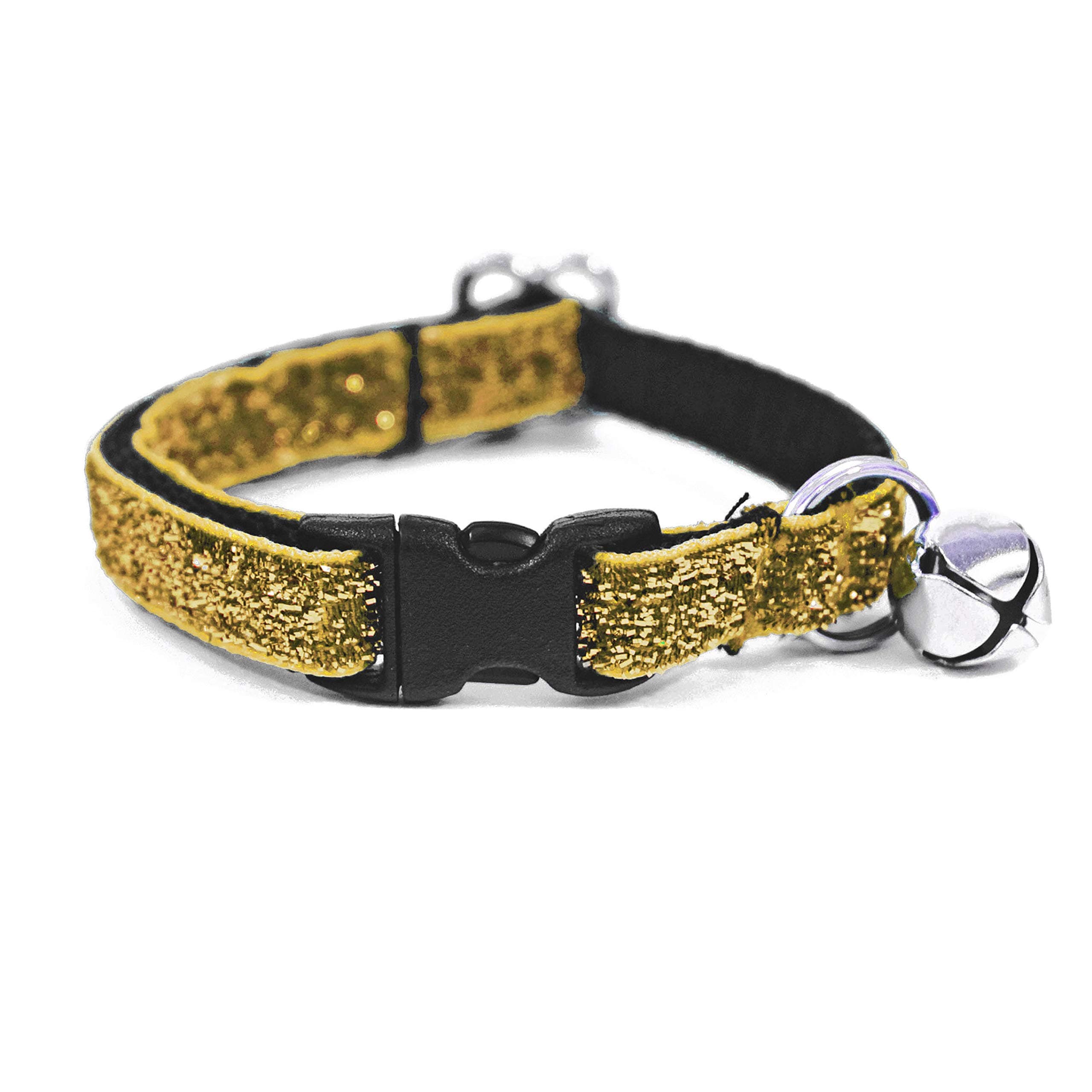 Kitty Kaboodle Breakaway Cat Collar with Bell - Fully Adjustable (7-11”) Sparkle Nylon Kitten Safety Collars - Gold