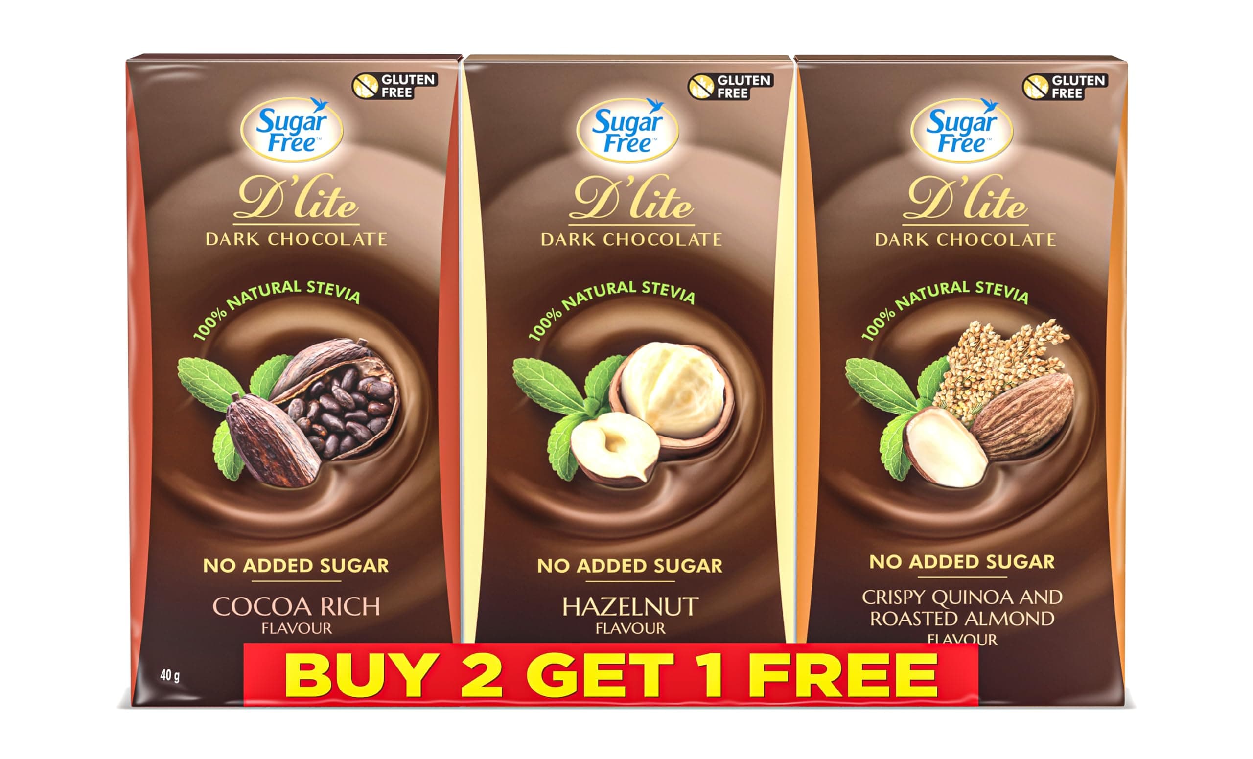 Sugar Free D'lite Assorted Pack of Chocolate Bars 40g 2+1 (Pack of 3)