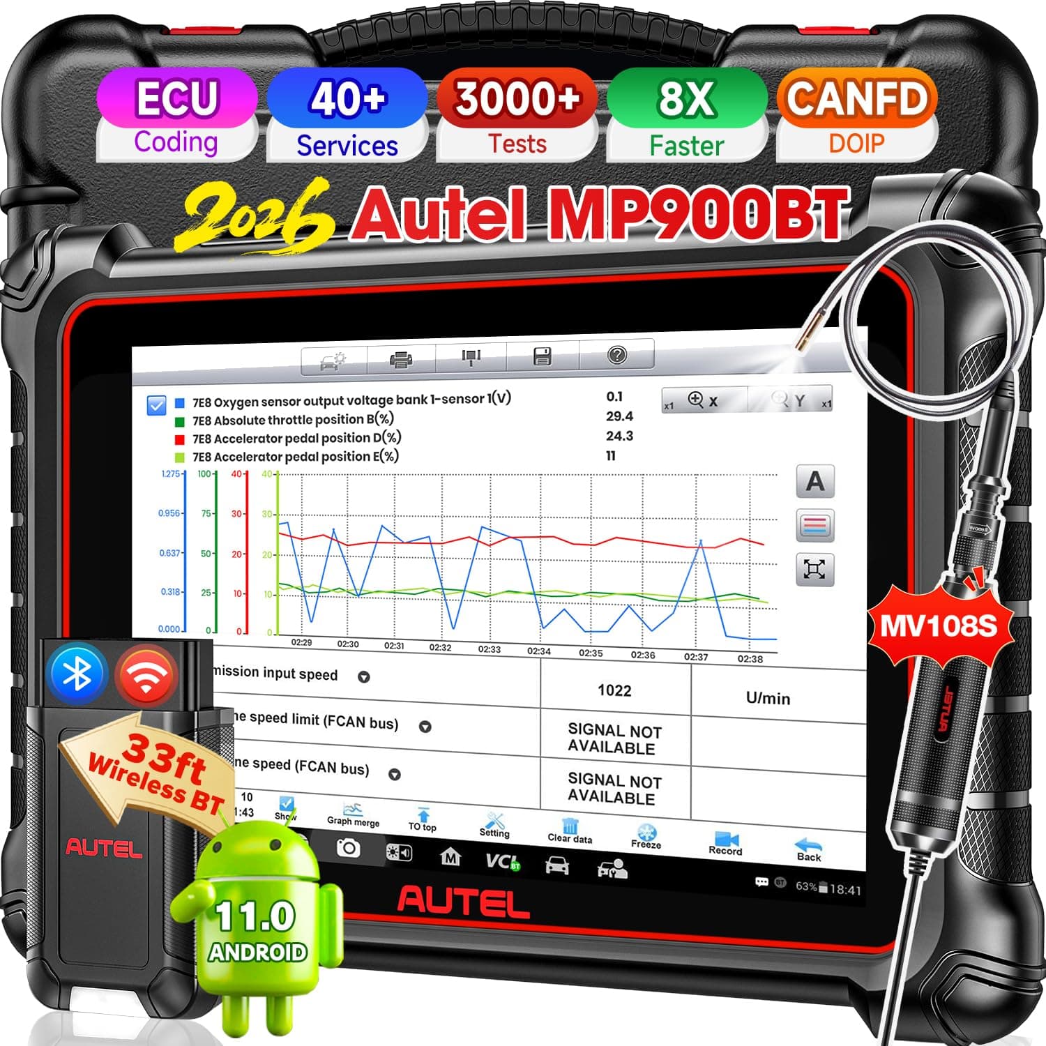 Autel Scanner MaxiPRO MP900-BT w/ MV108S: 2026 MP900BT V2.0 Newer of MP900 MS906BT MS906 MP808BT PRO, 40+ Reset, OE Bidirectional Diagnostic Scan Tool as MS906 PRO/MAX, CAN FD/DoIP, 3K+ Tests, OS11