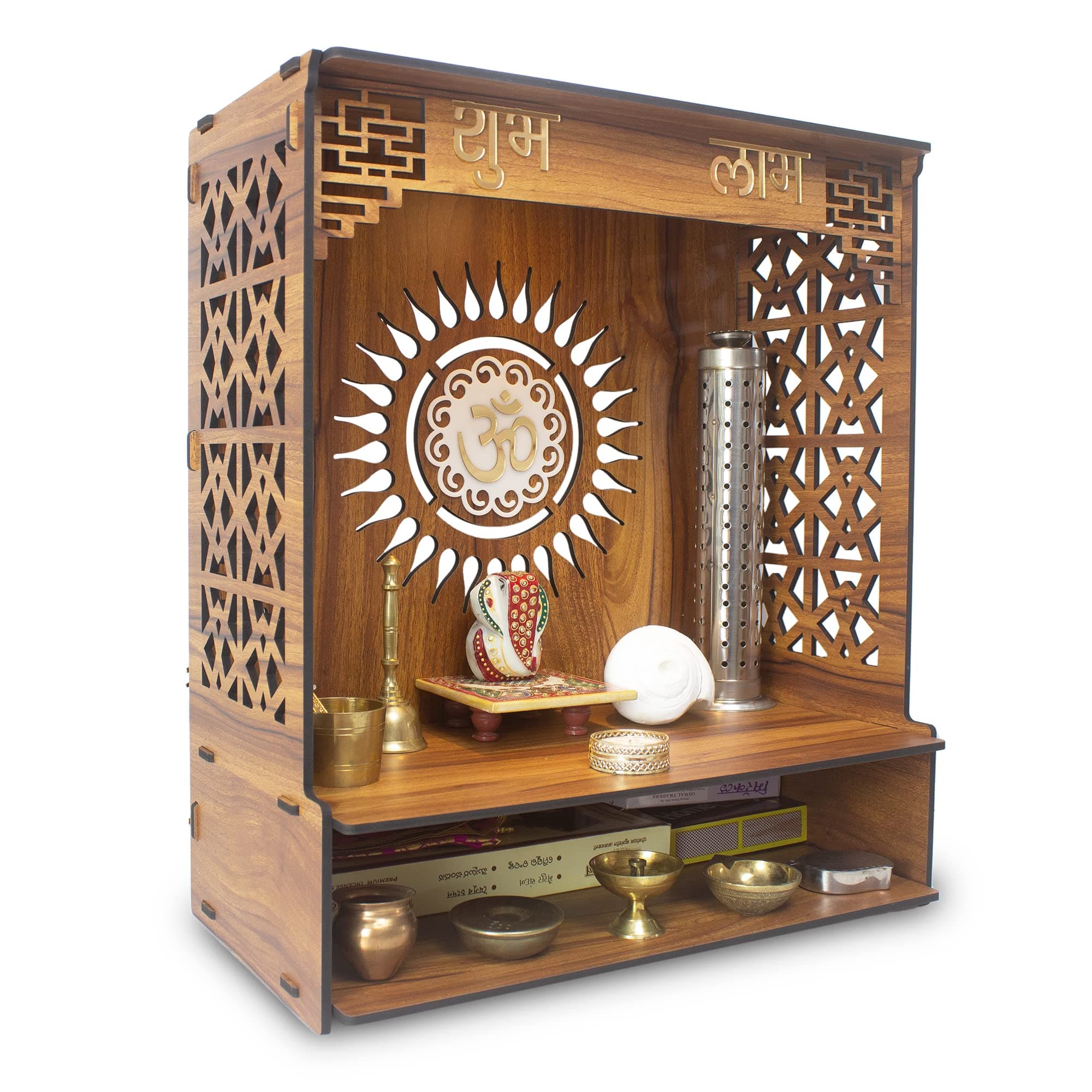 Shlok Beautiful Wooden Pooja Mandir for Home or Puja Temple Stand for Office and Shops with Led spot Light (H- 18, L- 16, W-8.75 Inch)