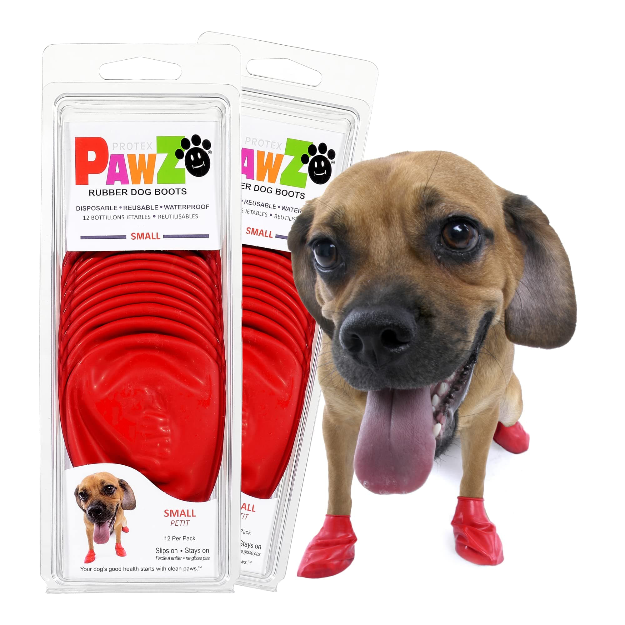 PawZ Rubber Dog Boots for Paws up to 2 1/2", 24 Total (2 Packs of 12) - All-Weather Dog Booties for Hot Pavement, Snow, Mud, and Rain - Waterproof, Anti Slip Dog Socks - Small, Red