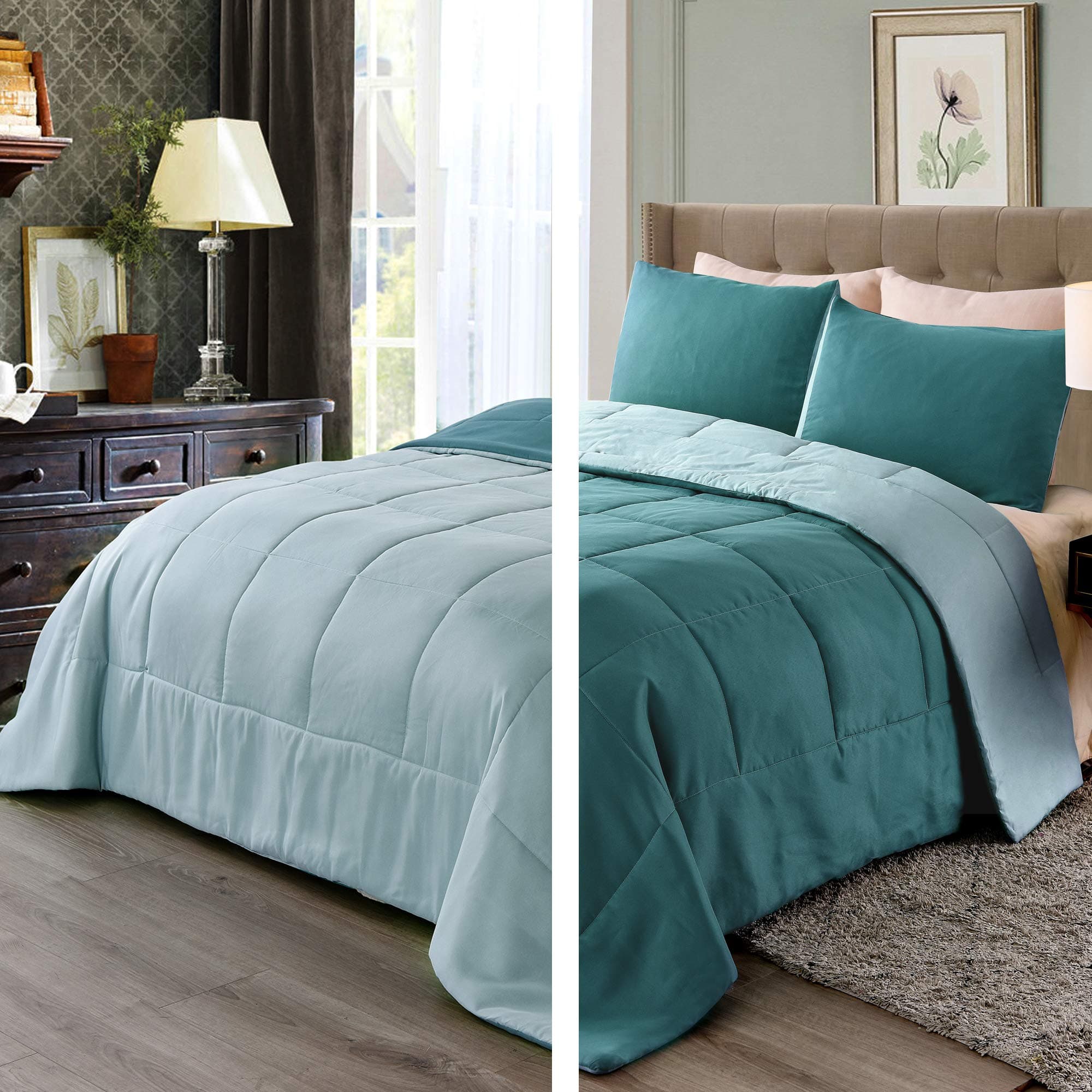 Exclusivo Mezcla Reversible Lightweight 3-Piece Comforter Set All Seasons, Down Alternative Comforter with 2 Pillow Shams, King Size, Turquoise/Aqua