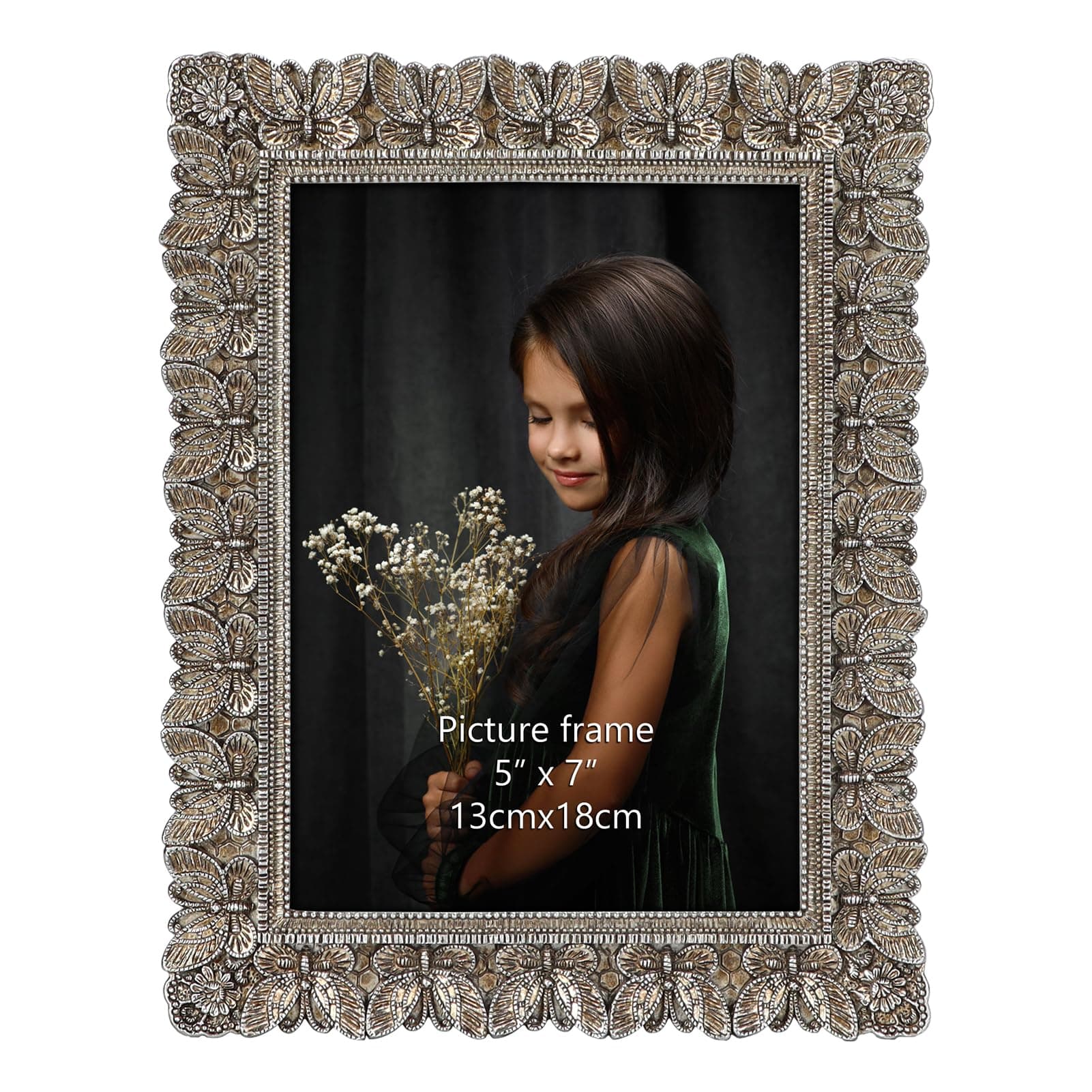 Trwcrt5x7 Vintage Picture Frame, 5 by 7 Antique Ornate Photo Frame with Glass Front for Tabletop and Wall Hanging, Silver