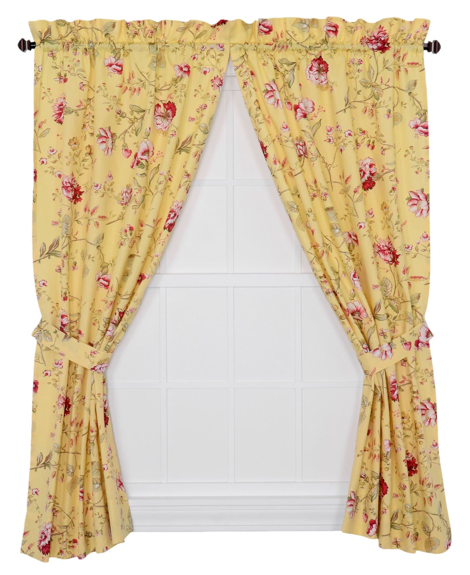 Ellis Curtain Coventry Medium Scale Floral 68 by 84-Inch Tailored Panel Pair Curtains with Tiebacks, Yellow