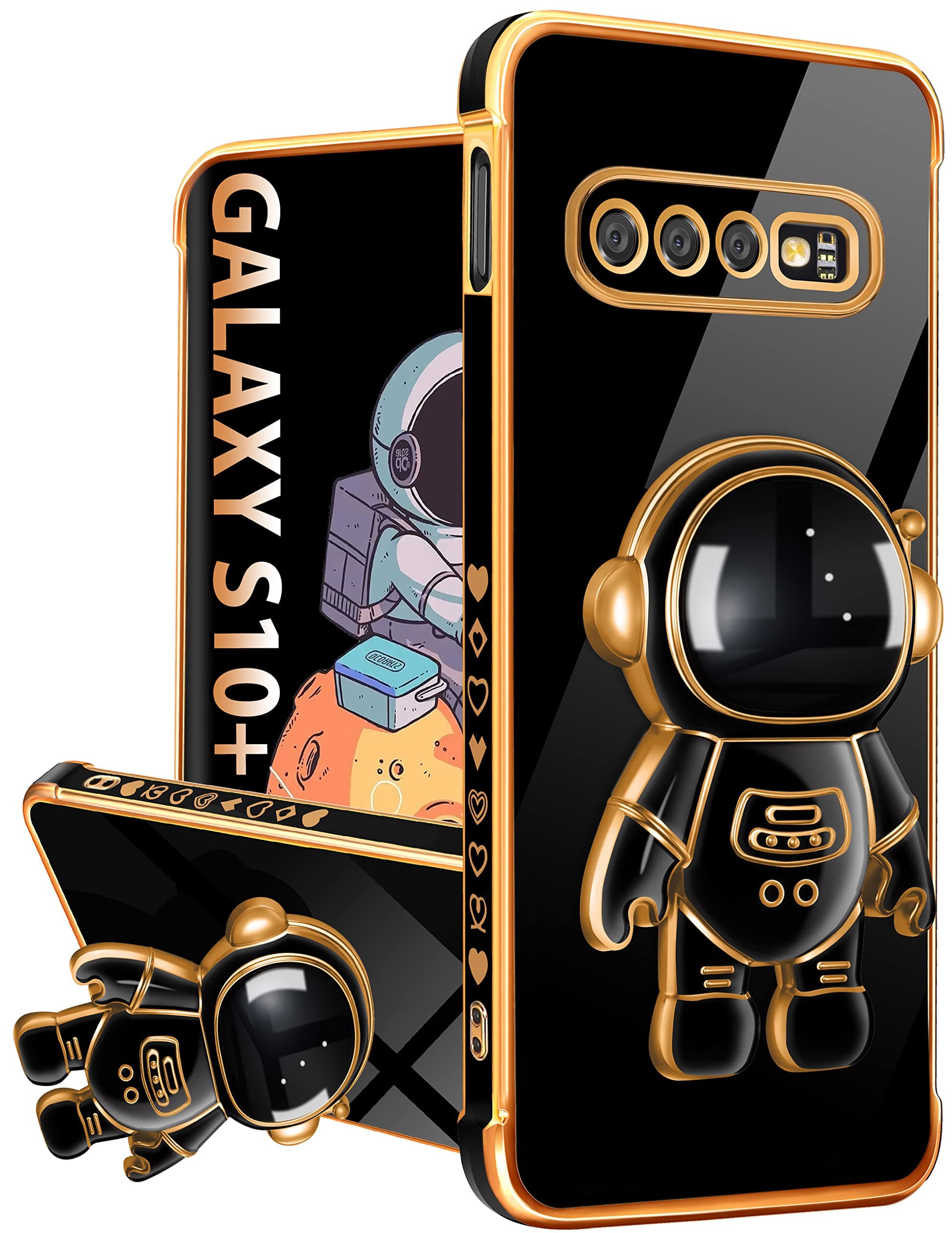 Buleens for Samsung Galaxy S10 Plus Case with Astronaut Stand, Women Girls for Galaxy S10 Plus Cases, Girly Cute 6D Outer Space Heart Pattern Phone Cover for Samsung S10+ 6.4 Inch Black