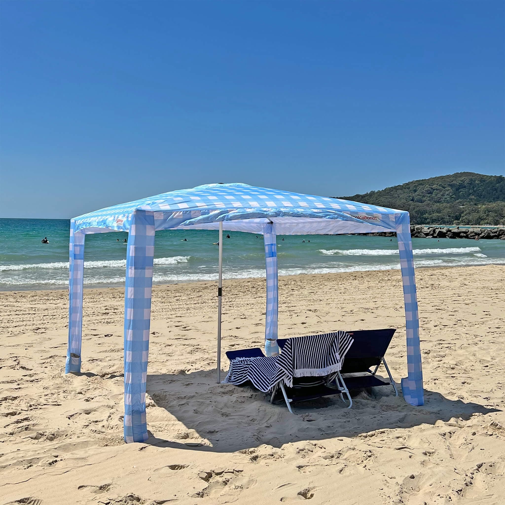 CoolCabana Beach Shade Tent - Easy Installation UPF 50+ Protection Large & Medium Compact & Windproof - Beach Cabana for the Whole Family - Blue Gingham Medium