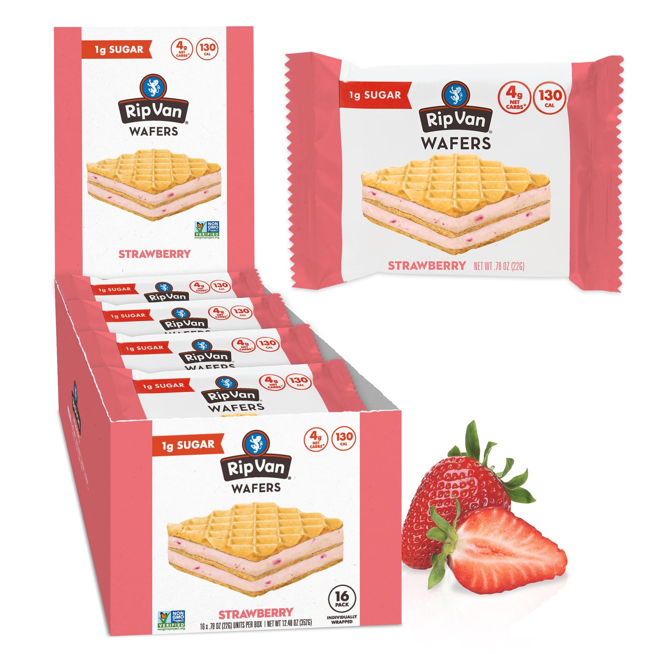 Rip Van Wafels Keto Waffle Strawberry Cookies - Healthy Vegan Snacks - GMO Free, Low Sugar (1g), Low Calorie - Pack of 16