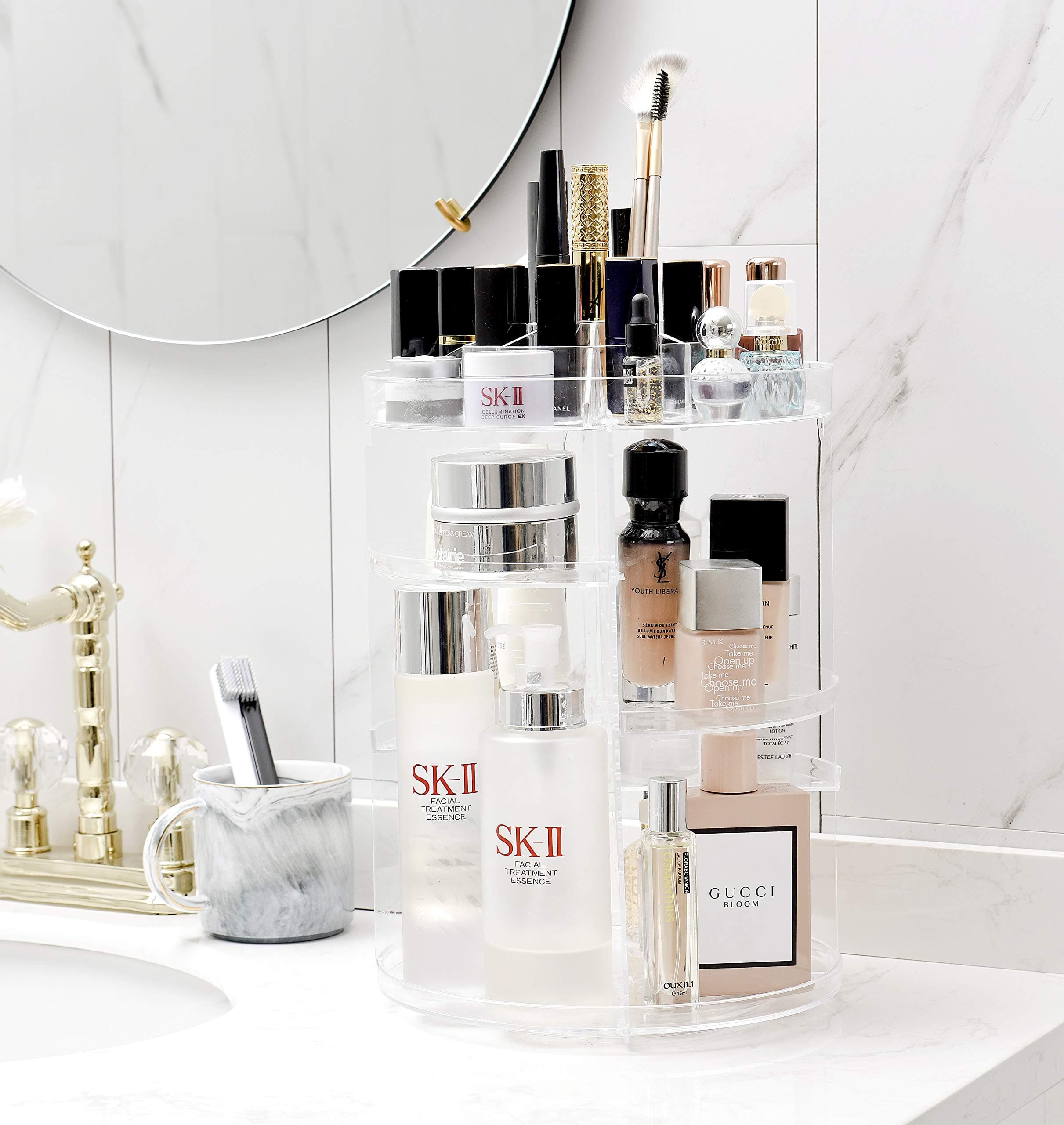 360 Rotating Makeup Organiser Storage Cosmetics Acrylic Bathroom Large Capacity Box Adjustable 8 Layers for Face Cream Brushes Perfumes Lipsticks, H34*D24 cm, Transparent