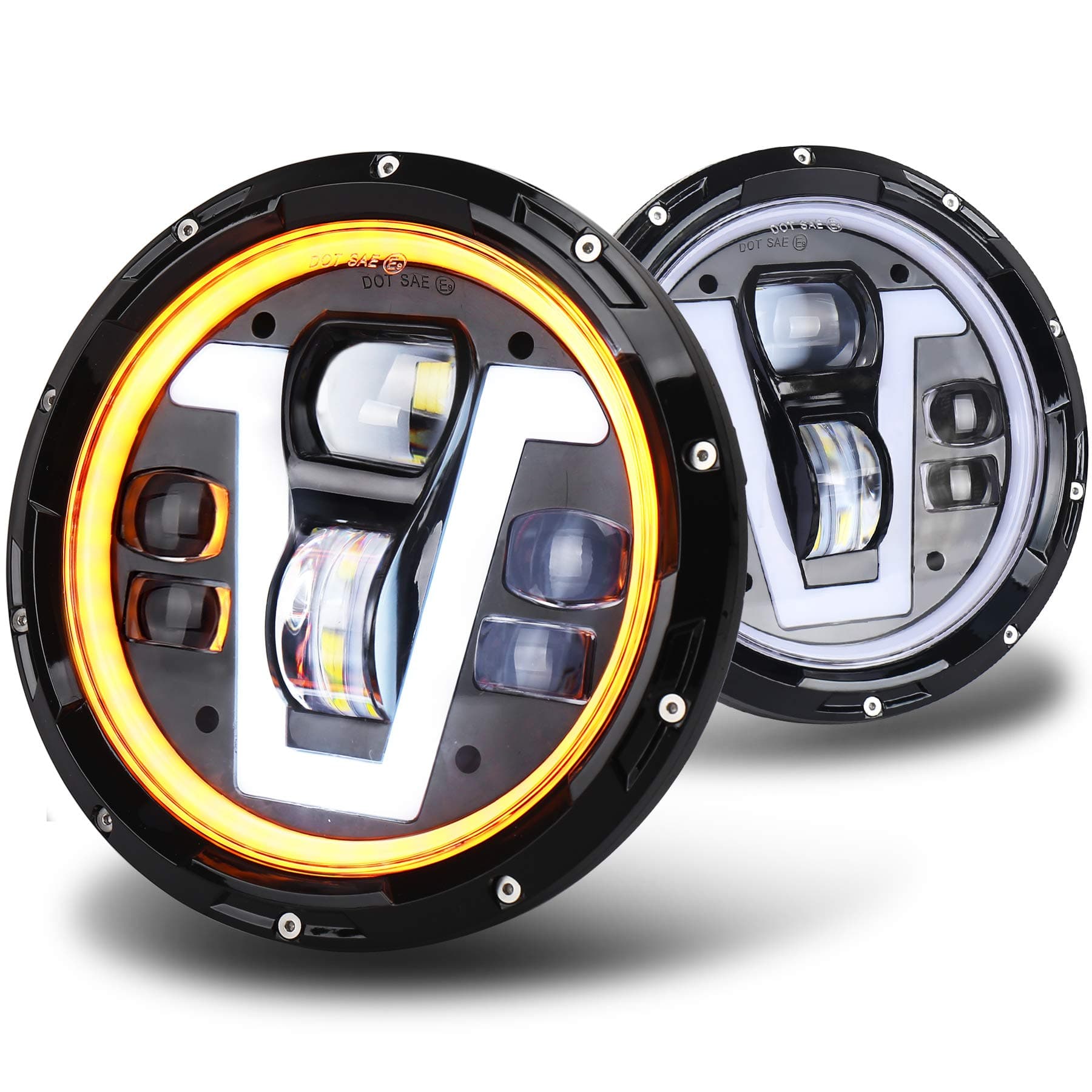 JK Headlights, OVOTOR 7 inch LED Headlights with V Type White DRL Amber Halo Turn Signal Compatible with Jeep Wrangler JK JKU TJ LJ CJ Hummer H1 H2