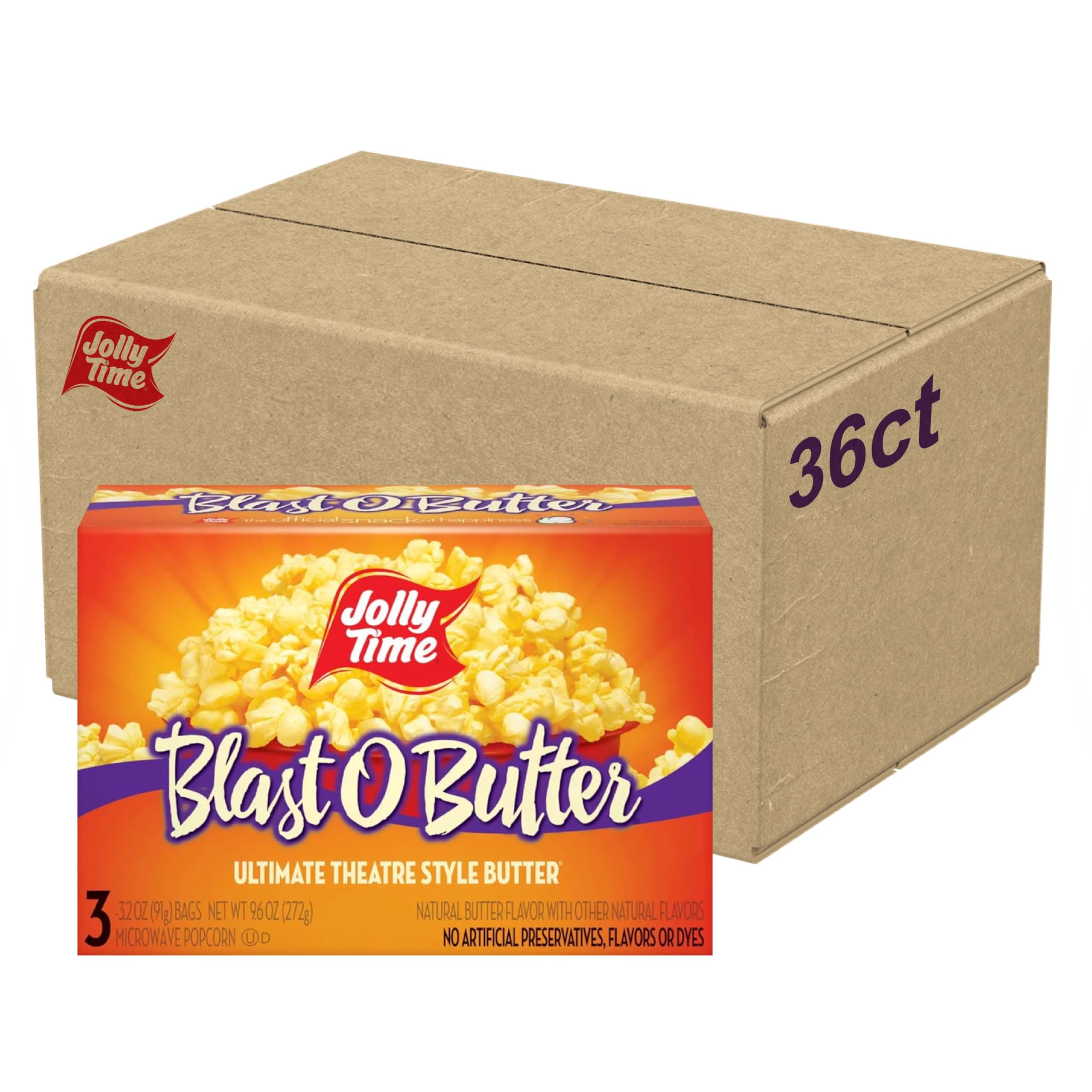 Jolly Time Blast O Butter, Ultimate Movie Theater Butter Microwave Popcorn, 3.2oz Sharing Bag, 3 Bags Per Carton (Blast O Butter, 3.2 Ounce (Pack of 36))
