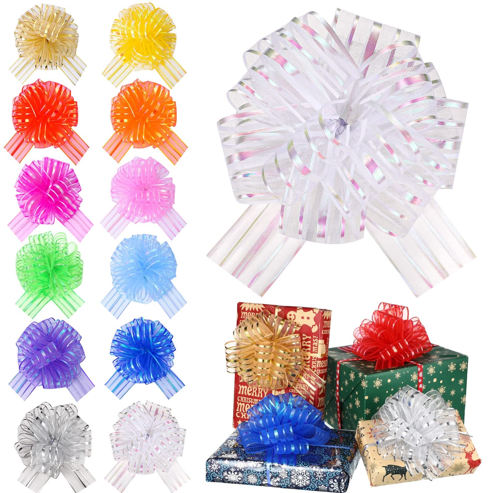 Poen 24 Pcs Organza Pull Bows Christmas 6 Inch Large Gift Wrapping Ribbon Bows Crafts for Present Wrapping with Ribbon for Gift Baskets Wedding Valentine Party Decor(Multicolor)