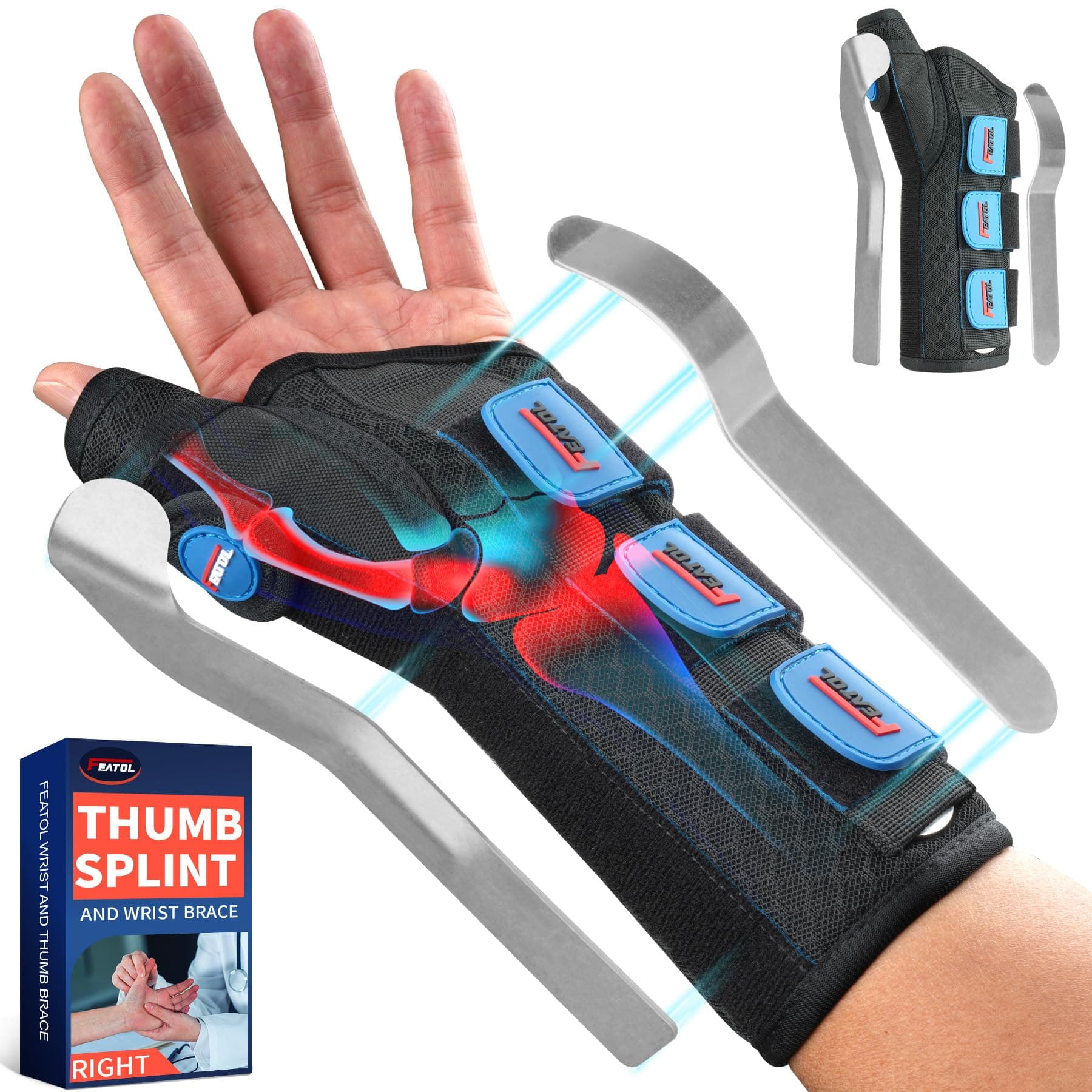 FEATOL Carpal Tunnel Wrist Brace Night Support, Thumb Spica Splint Left Hand for De Quervains Tenosynovitis, Tendonitis, Wrist Brace With Thumb Support-Medium/Large-Women & Men, Black