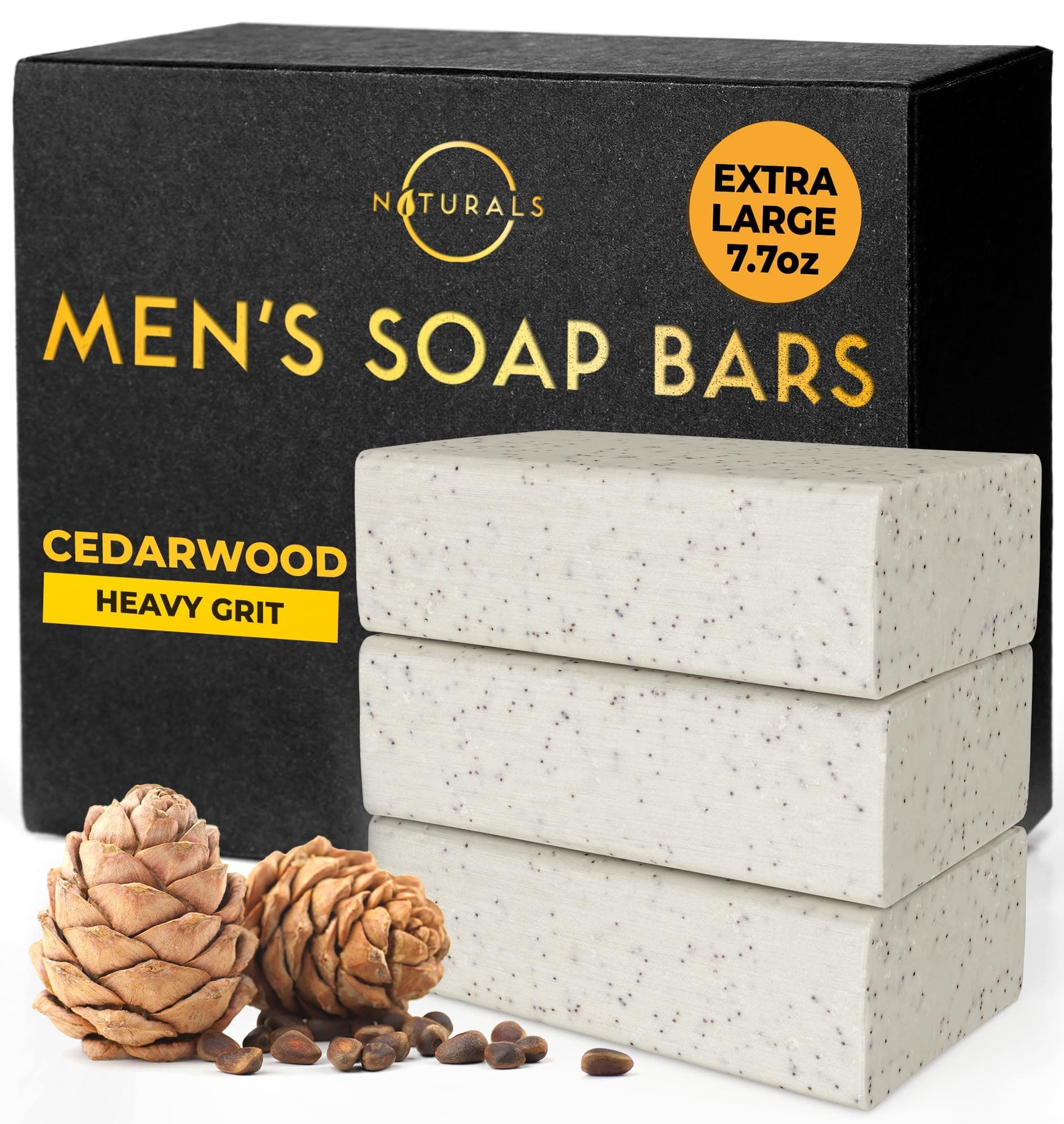 7.76 oz (3PC) Exfoliating Soap Bar Cedarwood - Heavy Grit Mens Soap - All Natural Exfoliation Bar Soap for Men - Apricot Kernels Bar Soap - Face Soap Bar - Moisturizing Mens Face Bar Soap