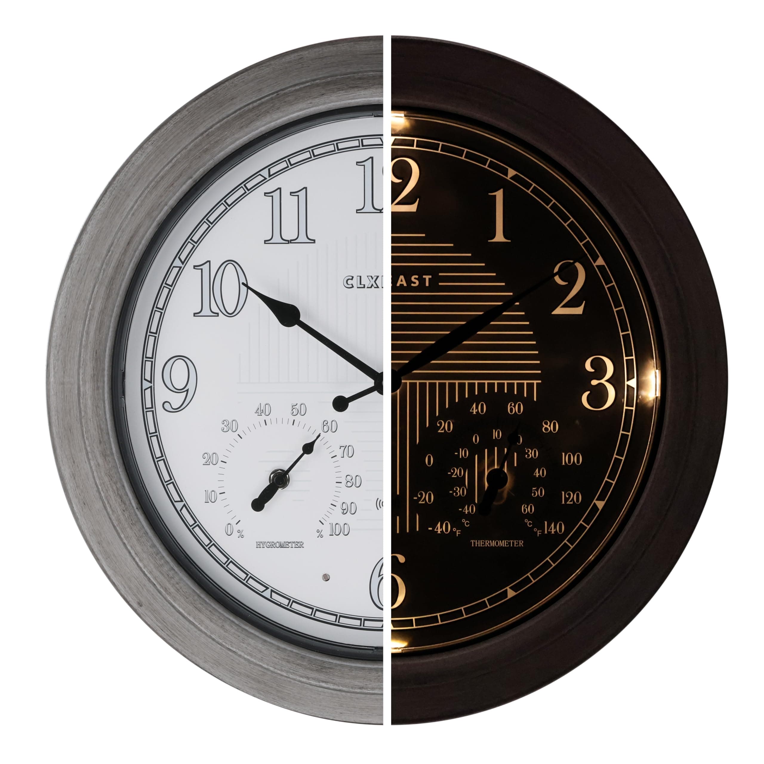 CLXEAST 18 Inch Farmhouse Illuminated Outdoor Atomic Wall Clock with Thermometer & Hygrometer Combo, Night Lighted Wall Clock with Smart Sensor, Weather Stations,Brushed Grey Oak Finish