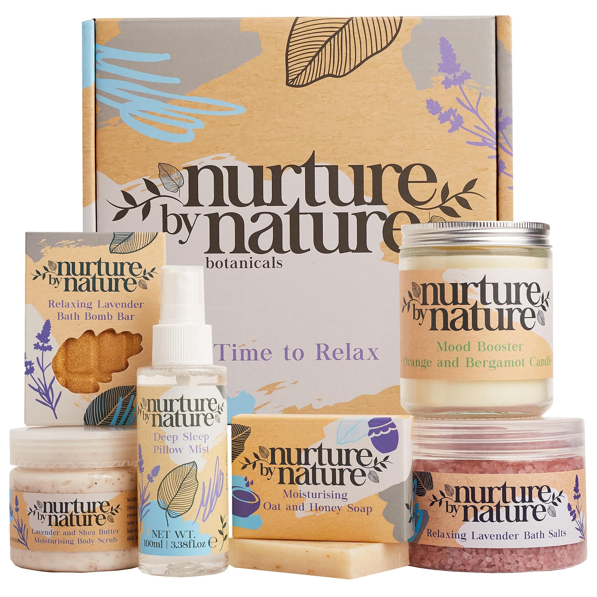 NURTURE BY NATURE Pamper Gifts for Women - 6 Pcs Relaxing Spa Gift Set with Lavender Pillow Spray, Bath Salts & Bath Bomb - Valentines Gifts for Her, Mothers Day Mum Gifts, Birthday Gifts for Women